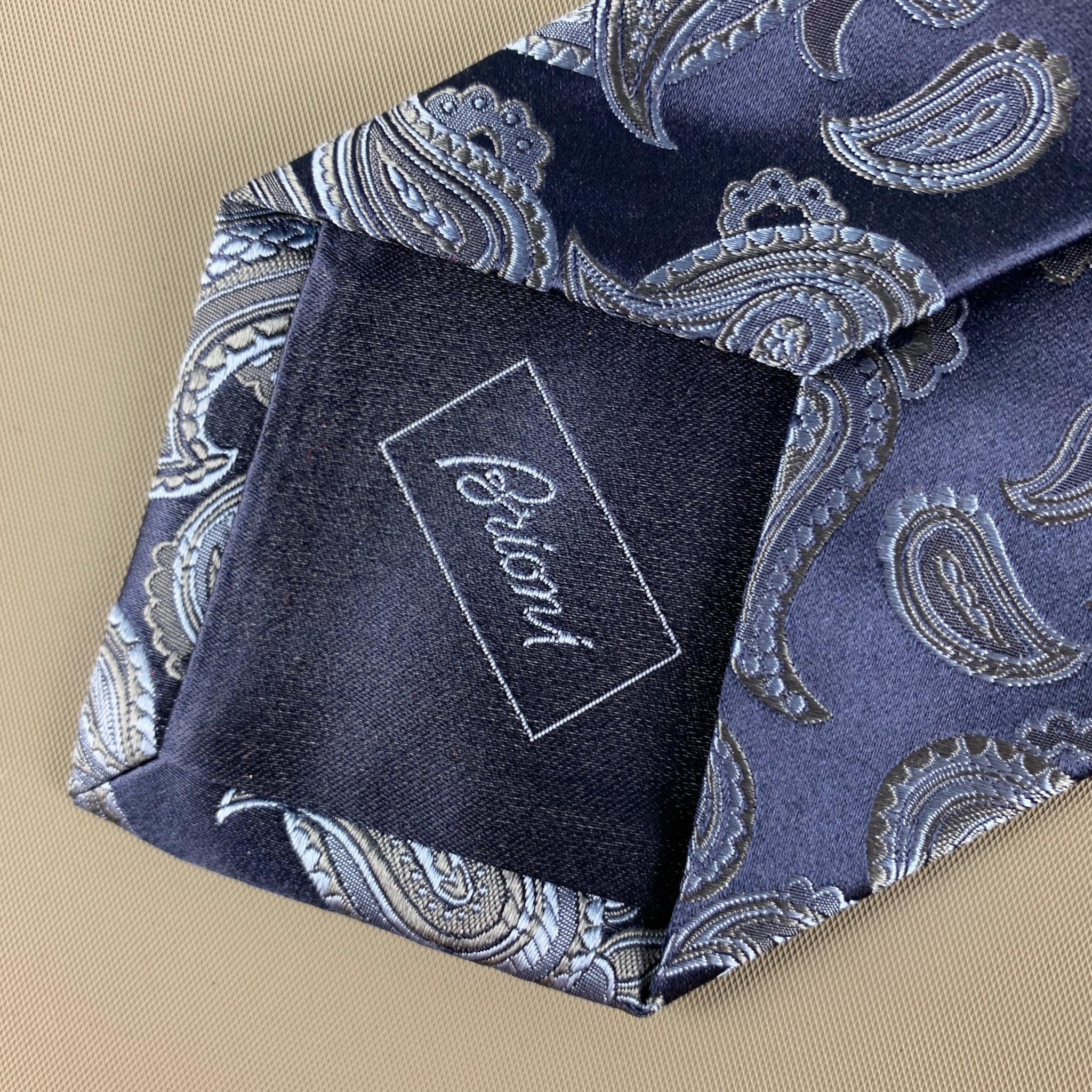 BRIONI Navy Blue Paisley Silk Satin Tie - Image 4