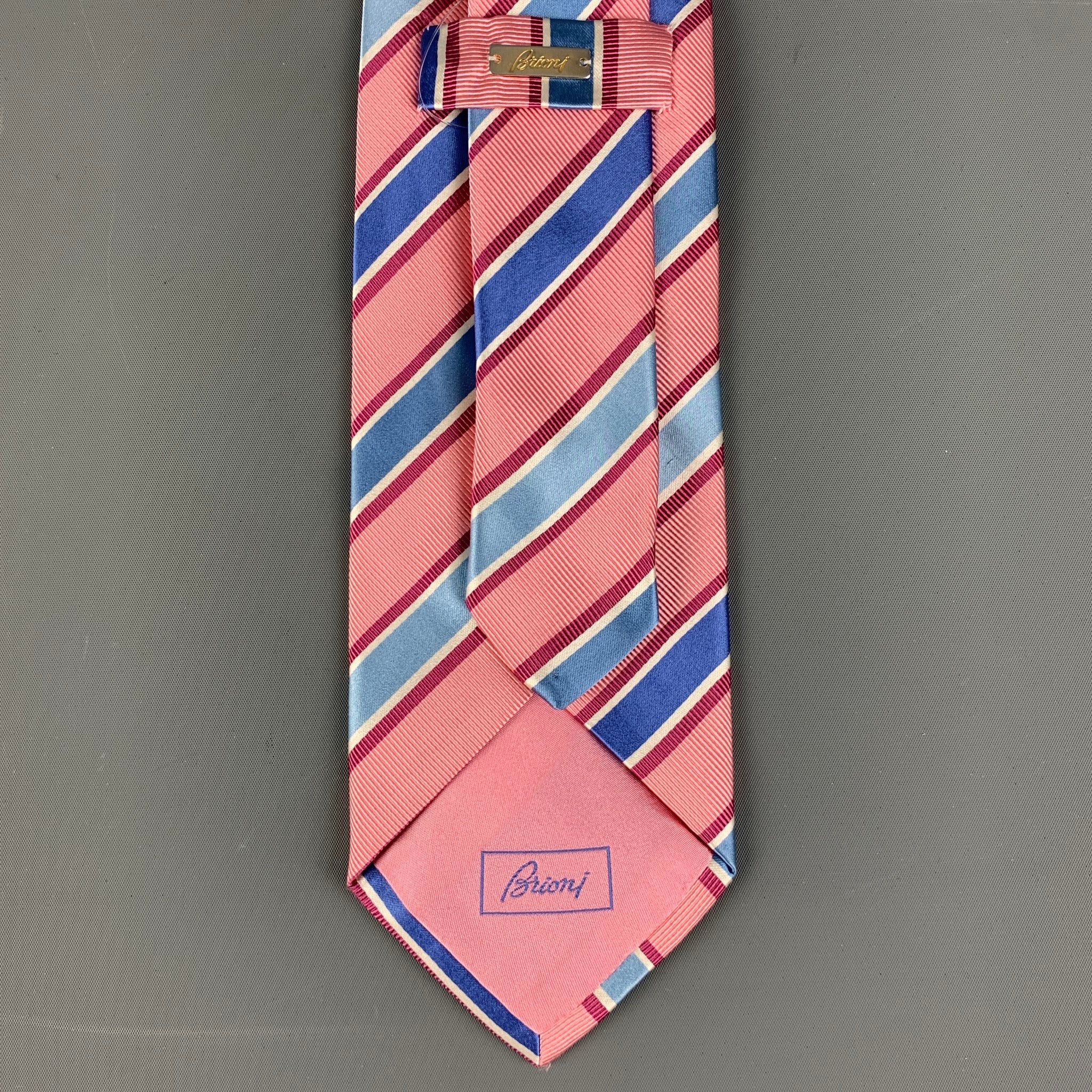 BRIONI Pink & Blue Diagonal Stripe Silk Tie - Image 4