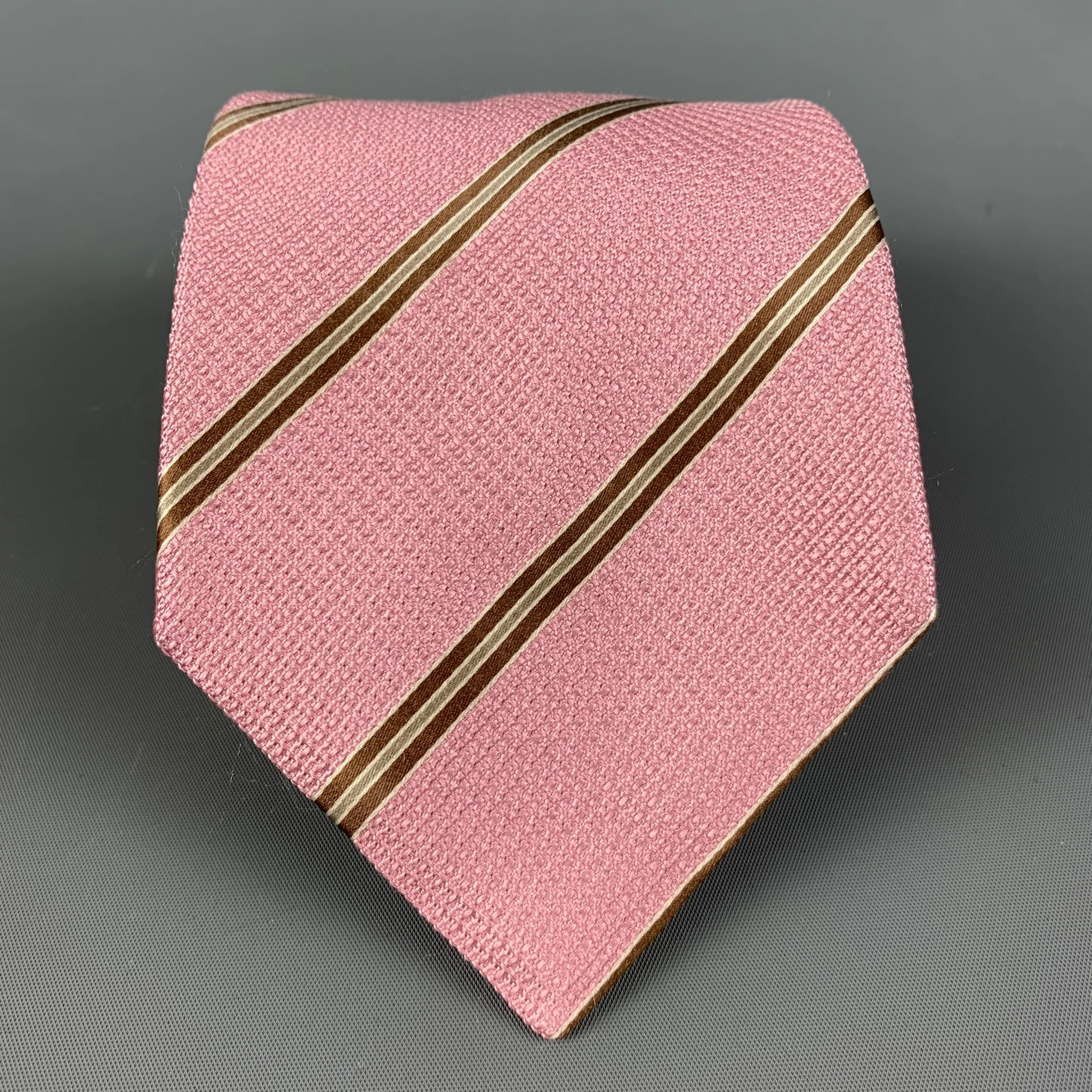 BRIONI Pink Gold Diagonal Stripe Silk Tie