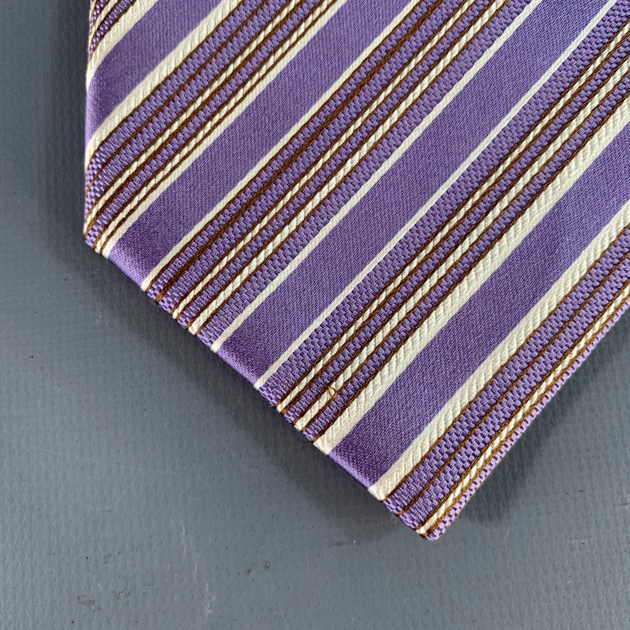 BRIONI Purple White Diagonal Stripe Silk Cotton Tie - Image 3