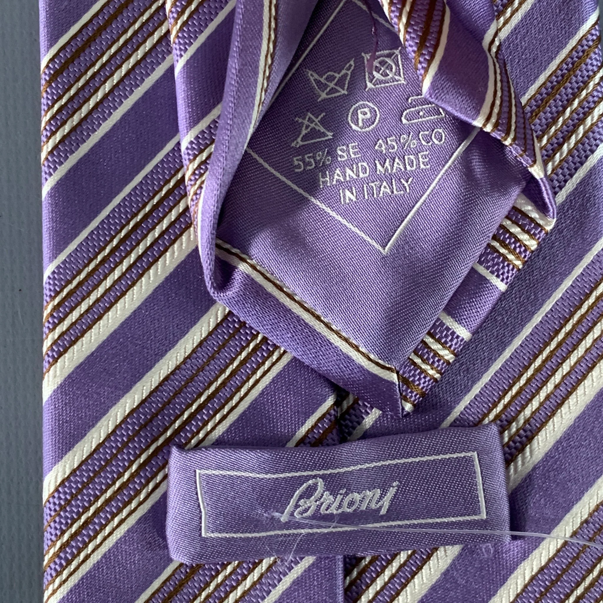 BRIONI Purple White Diagonal Stripe Silk Cotton Tie - Image 4