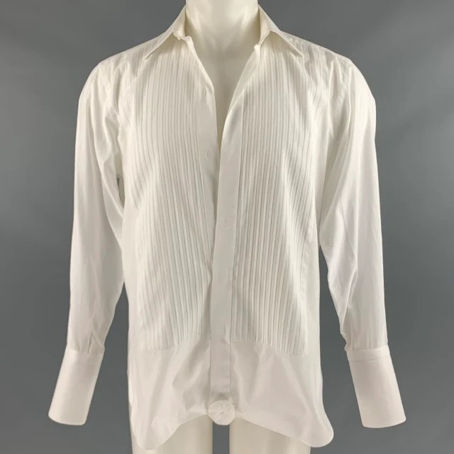 BRIONI Size 38 White Cotton Pleated Long Sleeve Tuxedo Shirt