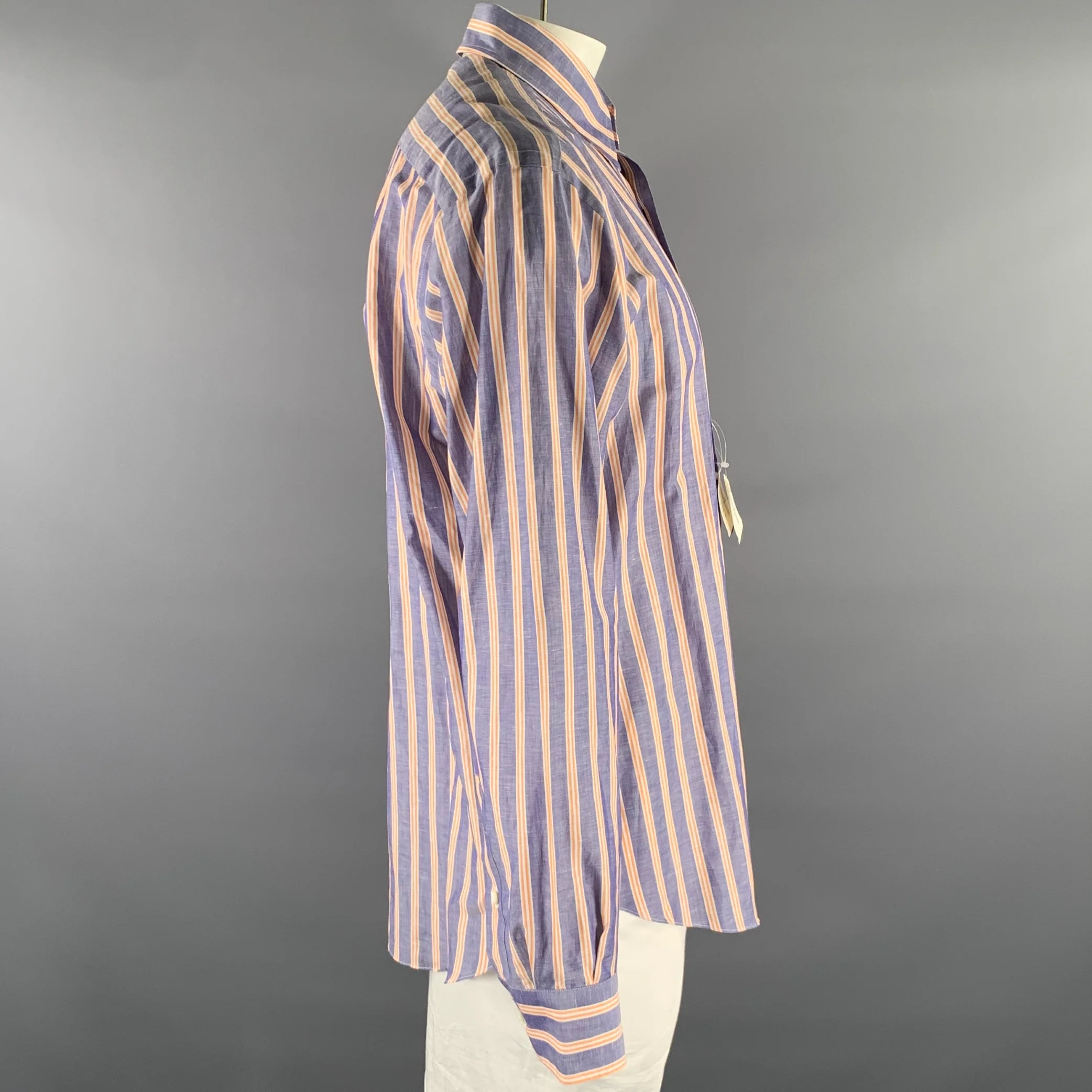 BRIONI Size L Blue Orange White Stripe Linen Long Sleeve Shirt - Image 3