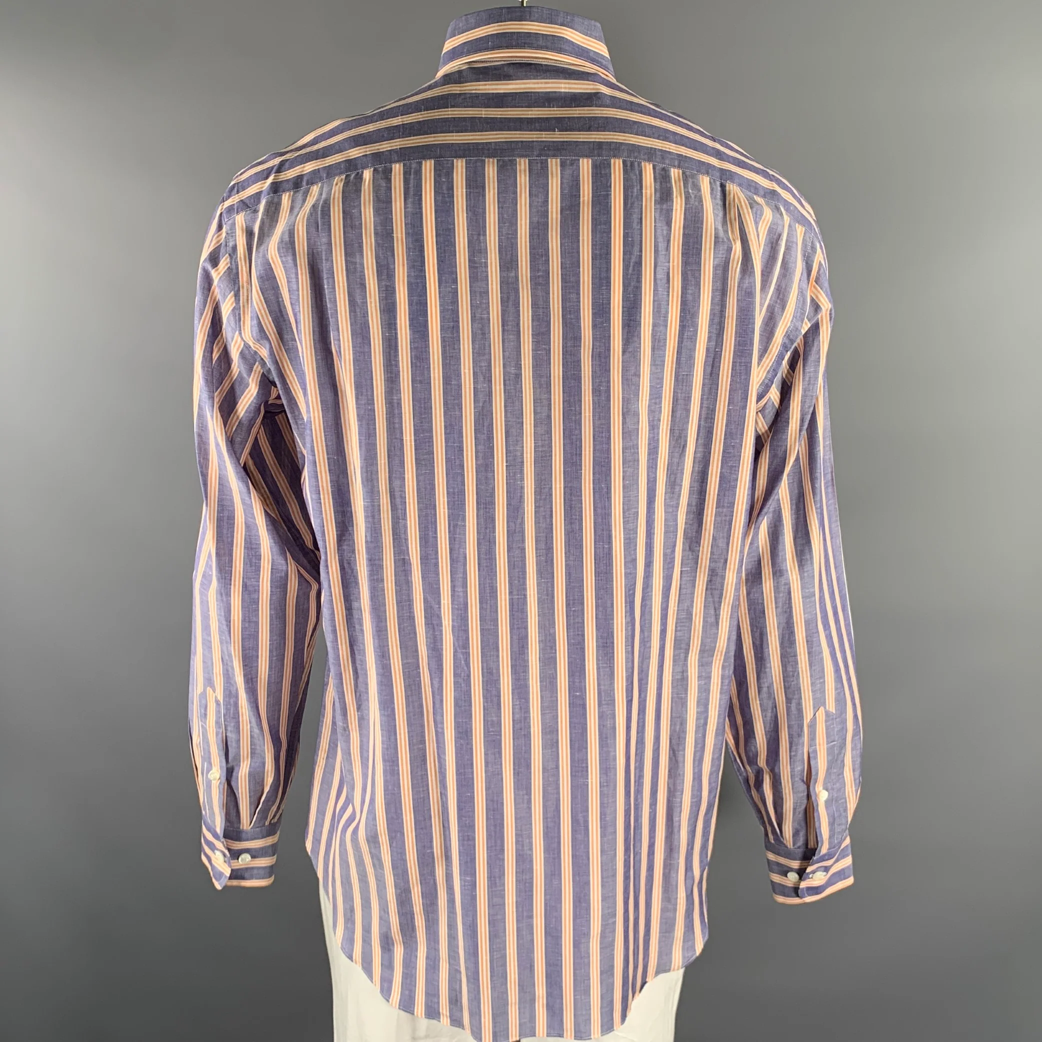 BRIONI Size L Blue Orange White Stripe Linen Long Sleeve Shirt - Image 4