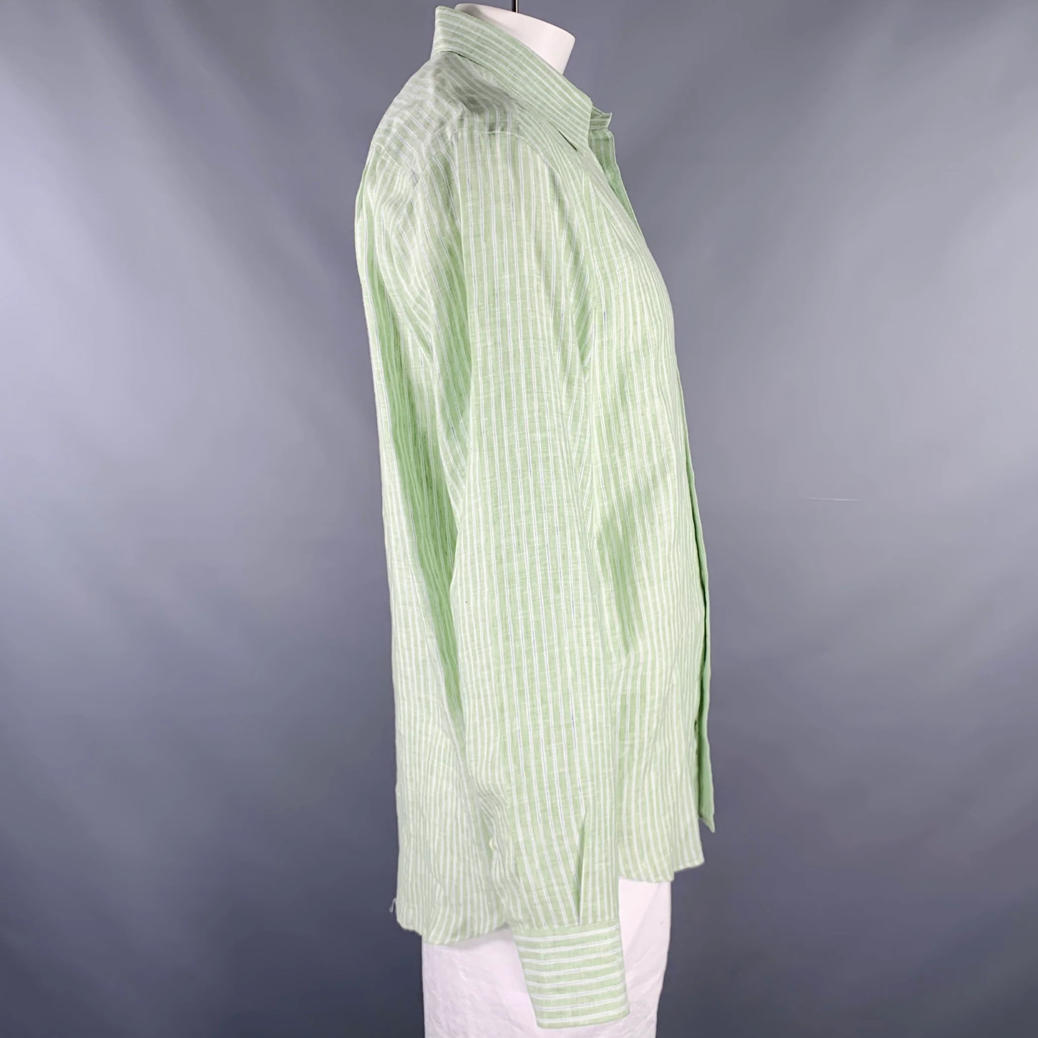 BRIONI Size L Green Stripe Linen Button Up Long Sleeve Shirt - Image 3