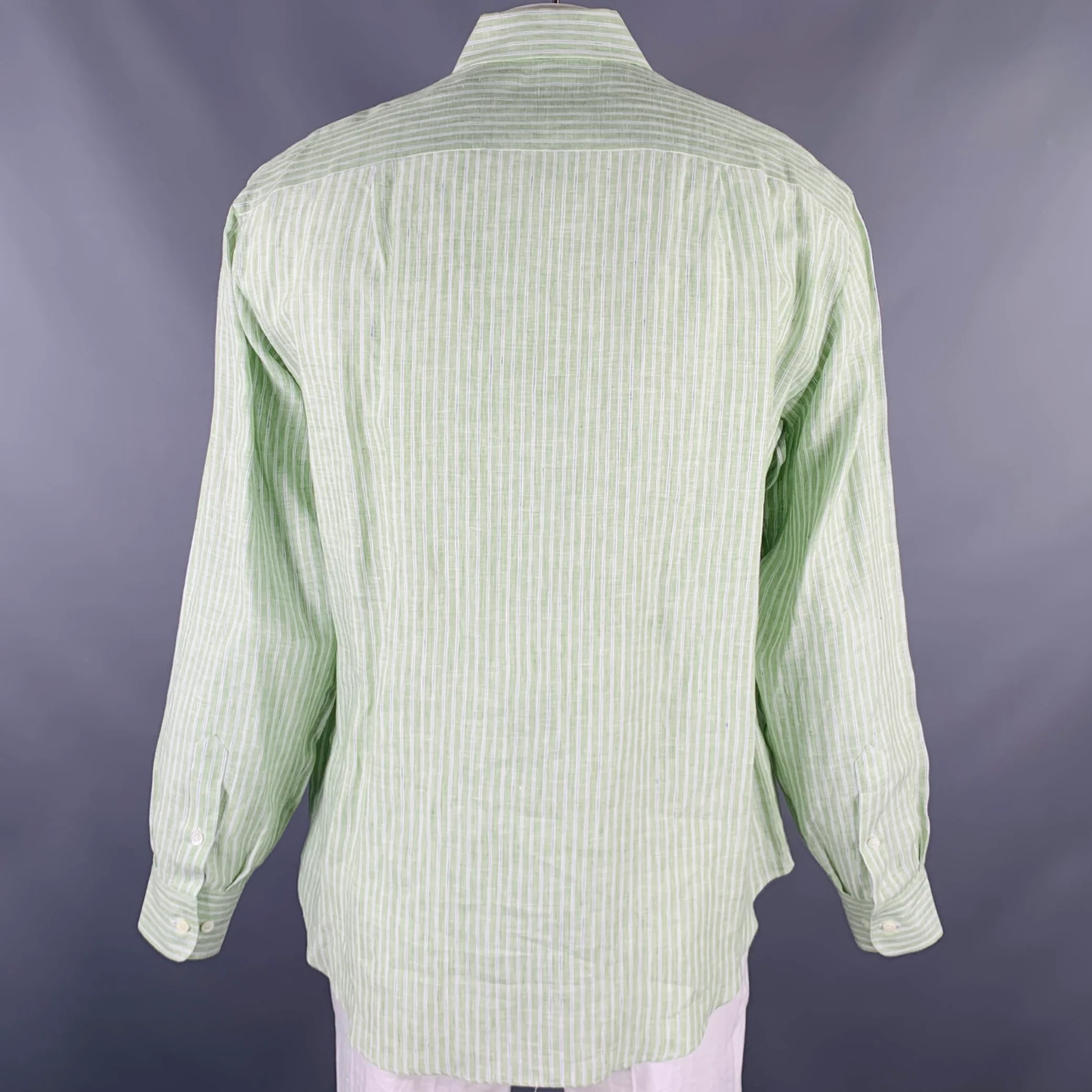 BRIONI Size L Green Stripe Linen Button Up Long Sleeve Shirt - Image 4
