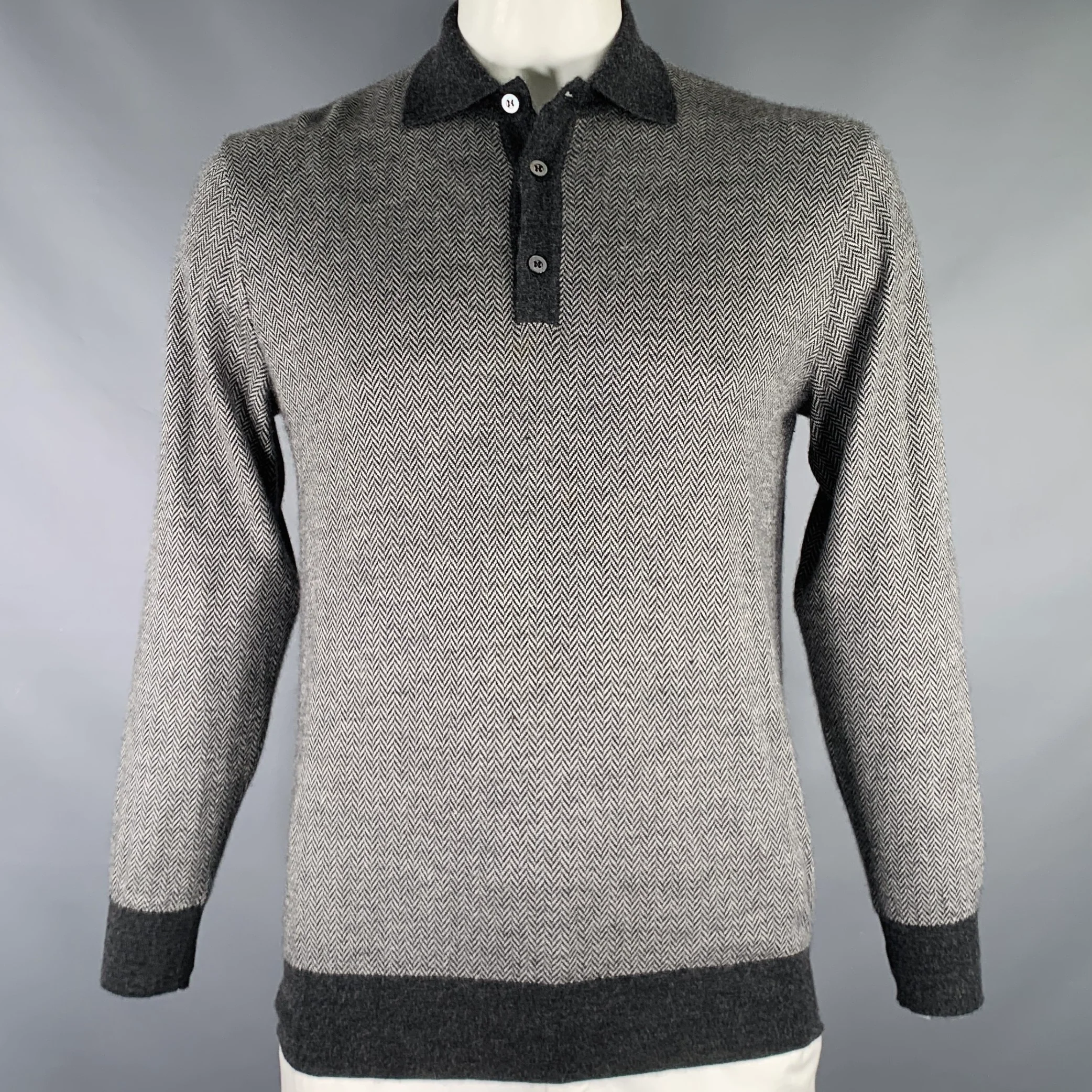 BRIONI Size L Grey Herringbone Cashmere Silk Polo Pullover