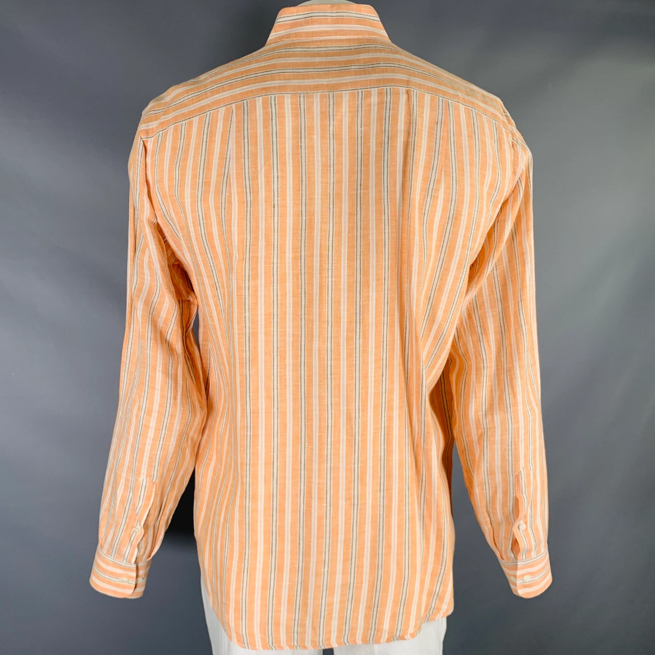 BRIONI Size L Orange Stripe Linen Button Up Long Sleeve Shirt - Image 4