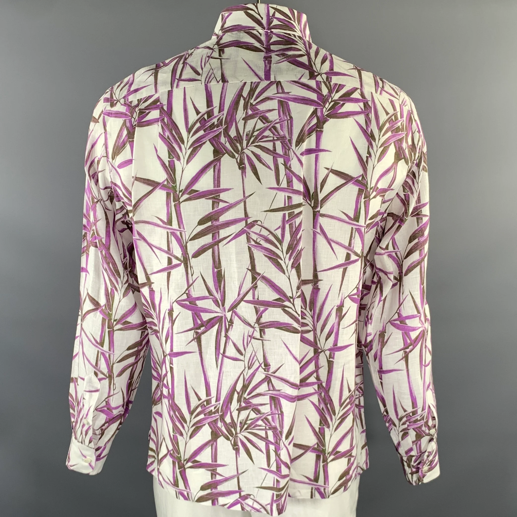 BRIONI Size L White Purple Brown Bamboo Linen Long Sleeve Shirt - Image 4