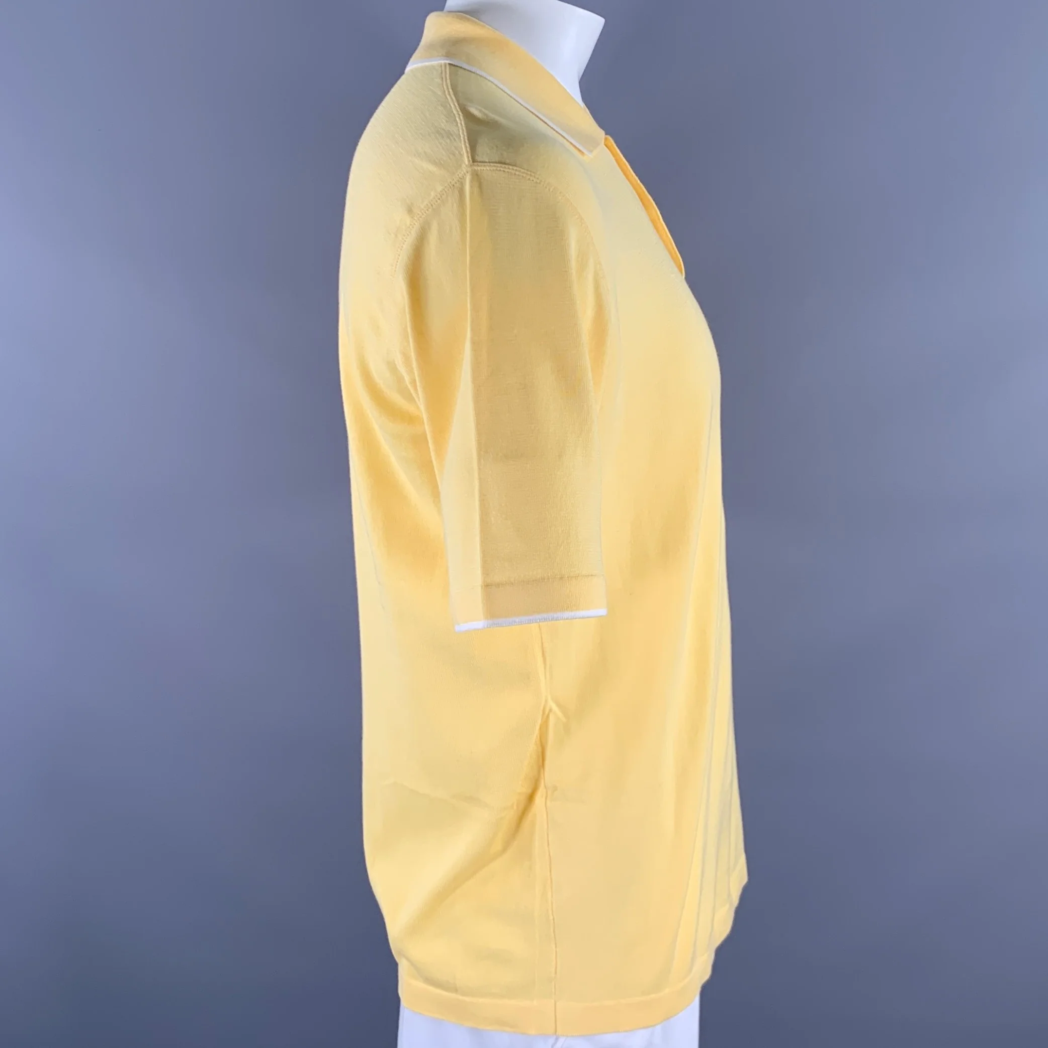 BRIONI Size L Yellow White Tipped Knit Cotton Polo - Image 2