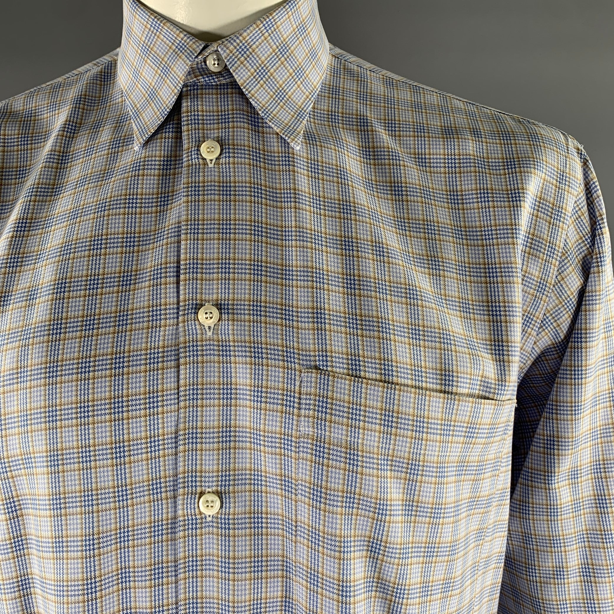 BRIONI Size M Blue Tan Plaid Cotton Long Sleeve Shirt - Image 2