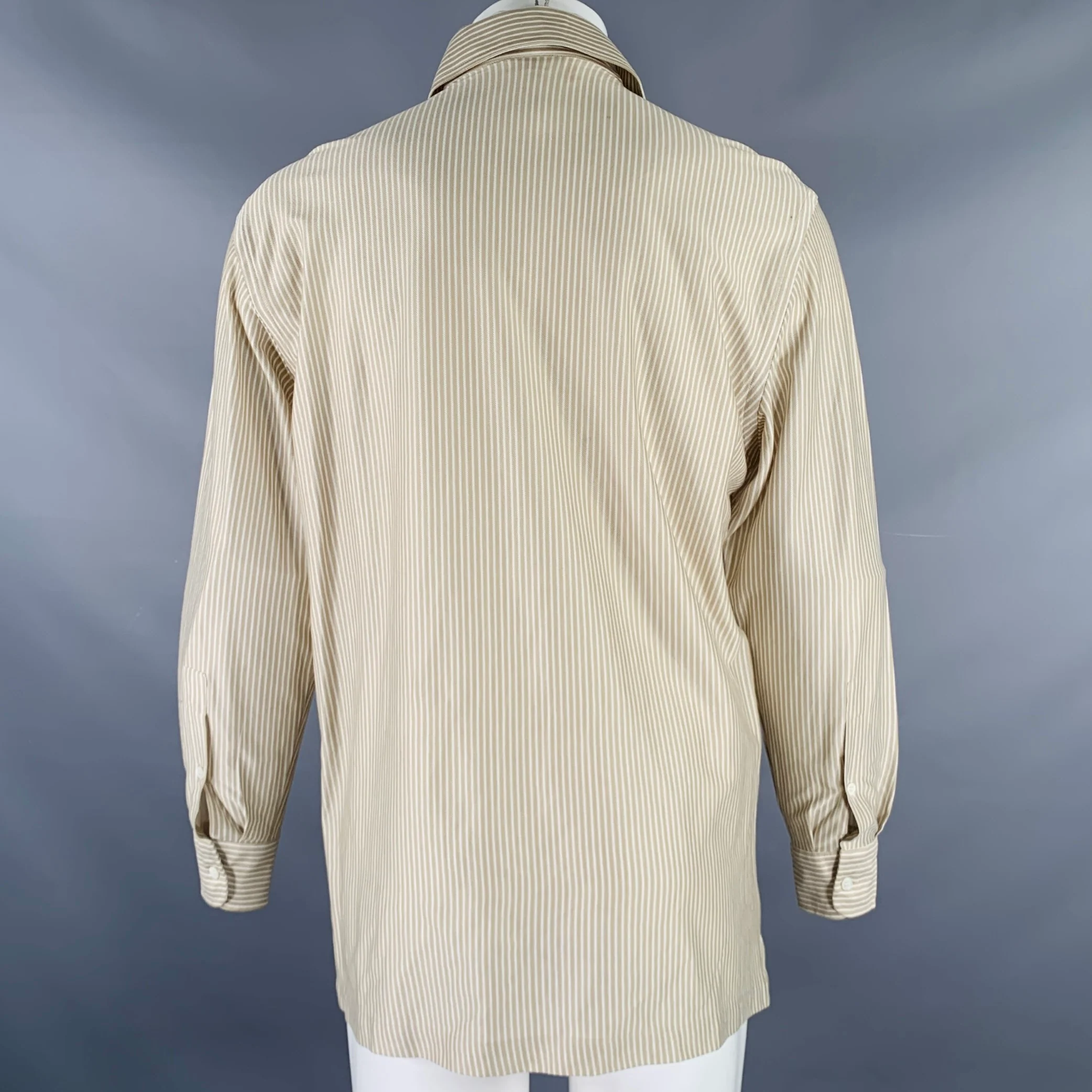BRIONI Size M Taupe White Stripe Cotton Button Up Long Sleeve Shirt - Image 3