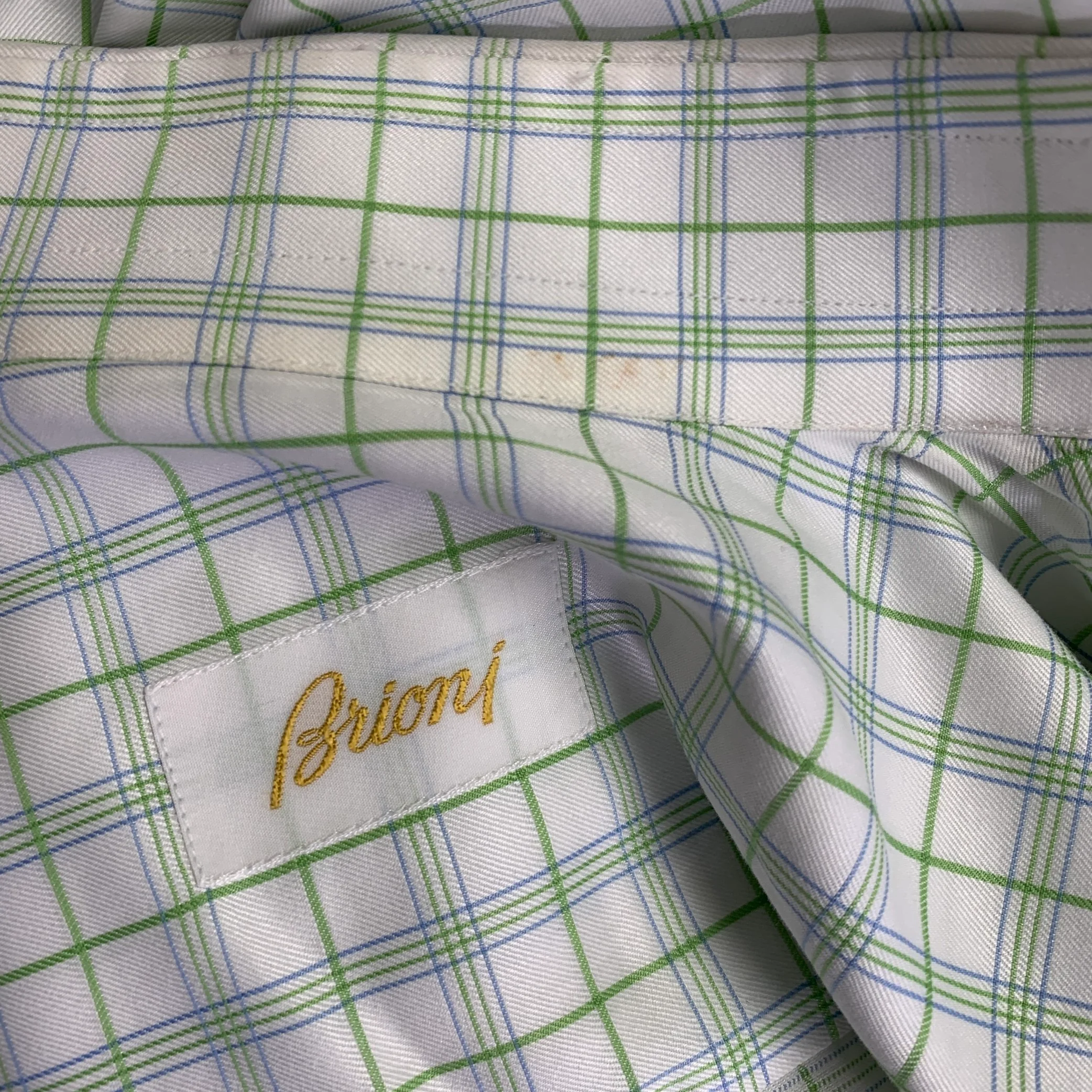 BRIONI Size M White Green Plaid Cotton Button Up Long Sleeve Shirt - Image 5