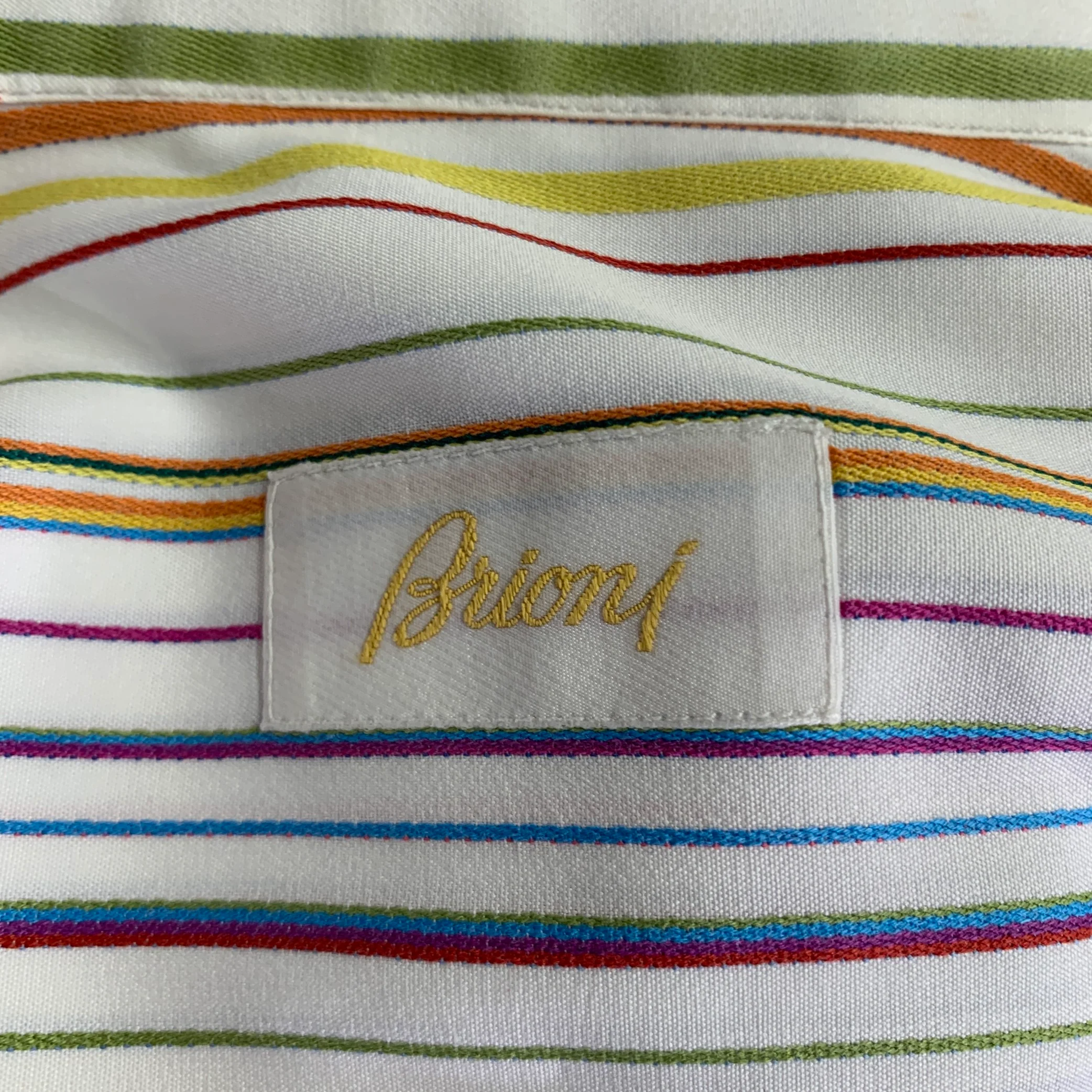 BRIONI Size M White Multi Color Stripe Cotton Button Up Long Sleeve Shirt - Image 6