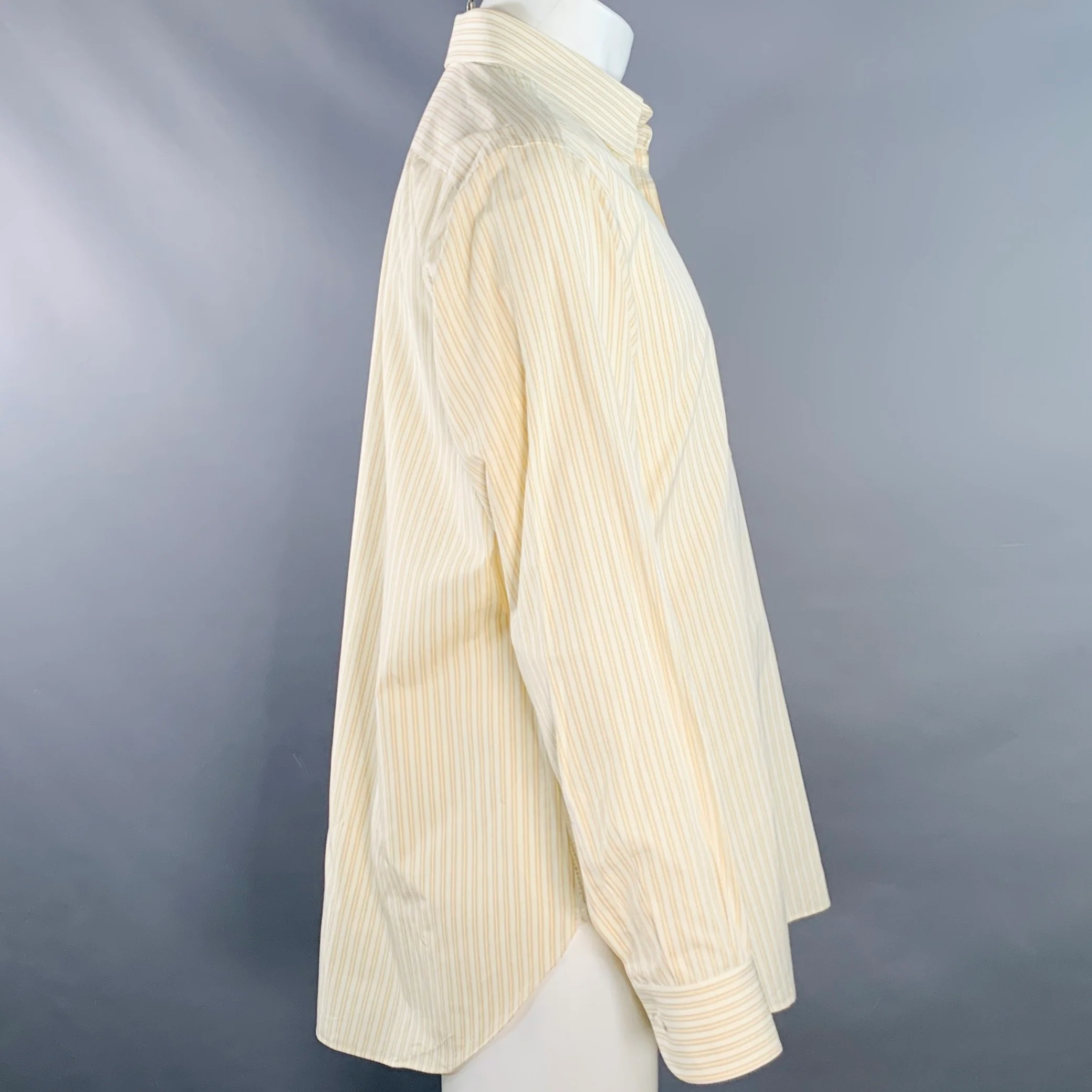 BRIONI Size M Yellow Blue White Stripe Cotton One Pocket Long Sleeve Shirt - Image 3