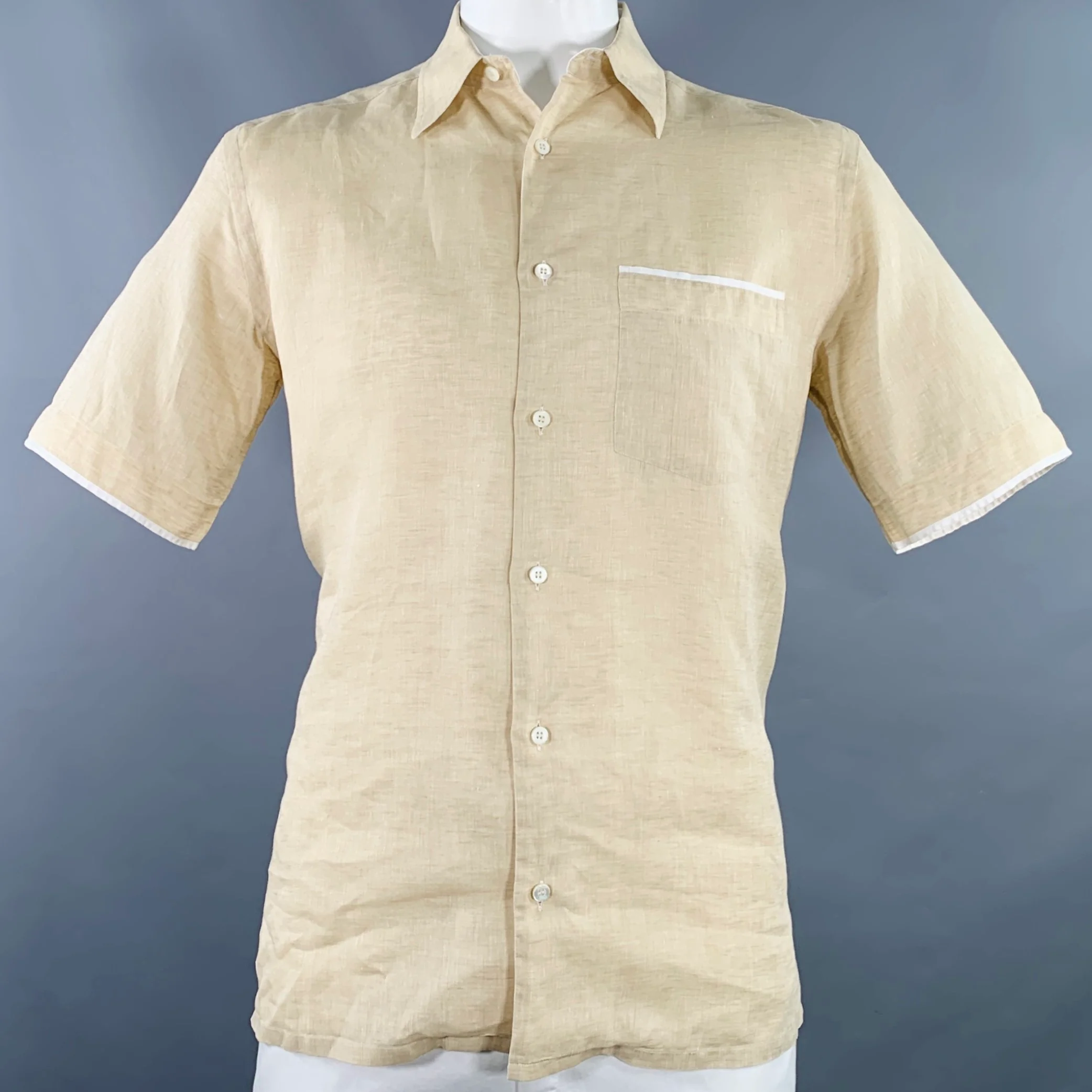 BRIONI Size XL Beige White Contrast Trim Linen One Pocket Short Sleeve Shirt