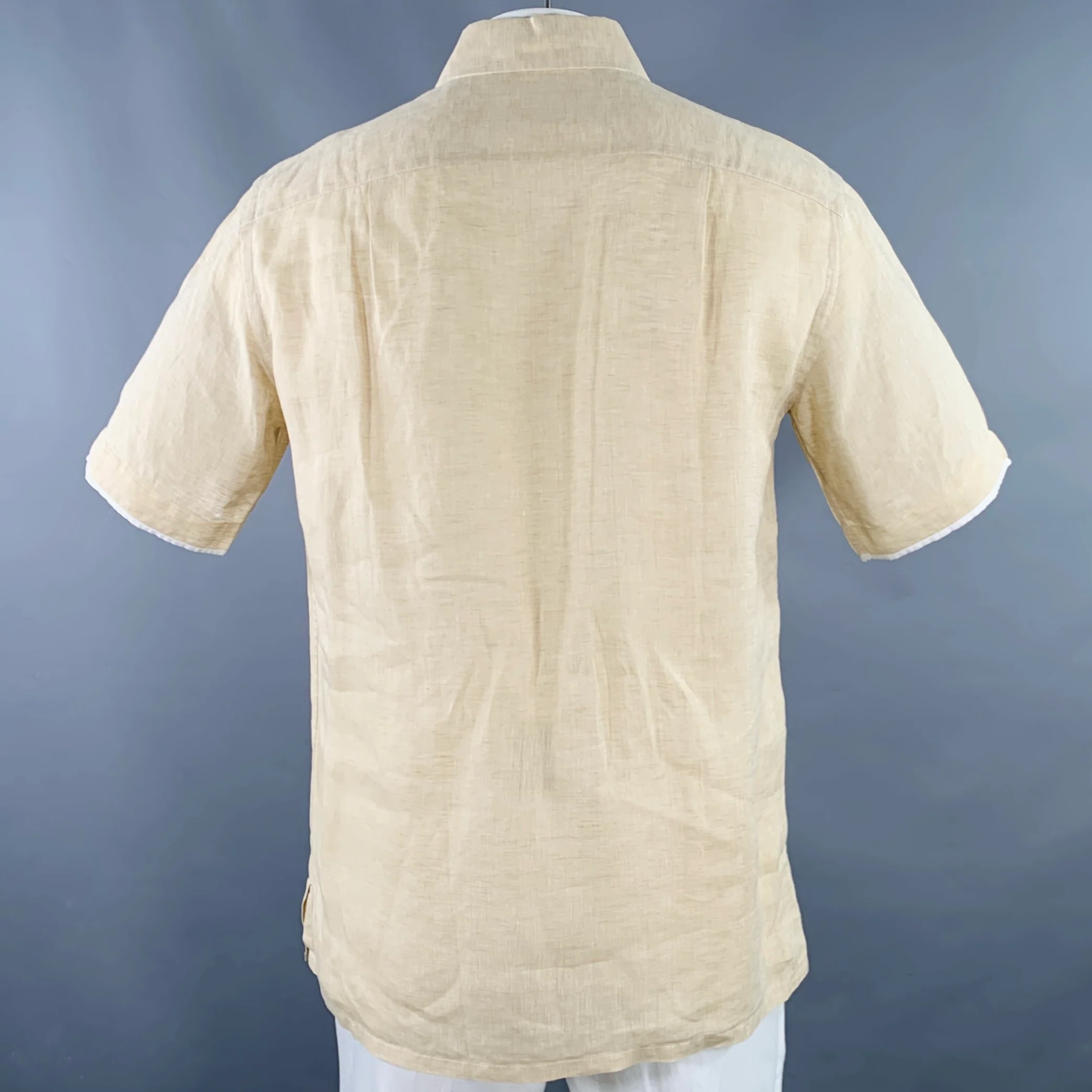 BRIONI Size XL Beige White Contrast Trim Linen One Pocket Short Sleeve Shirt - Image 3