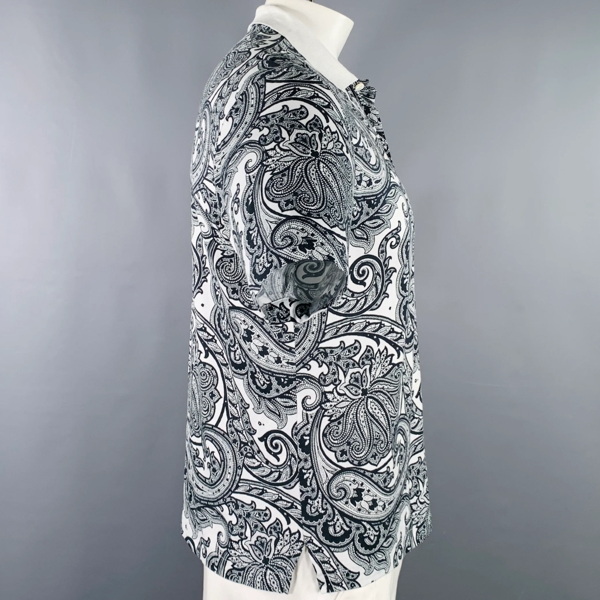 BRIONI Size XL Black White Paisley Cotton Blend Buttoned Polo - Image 2