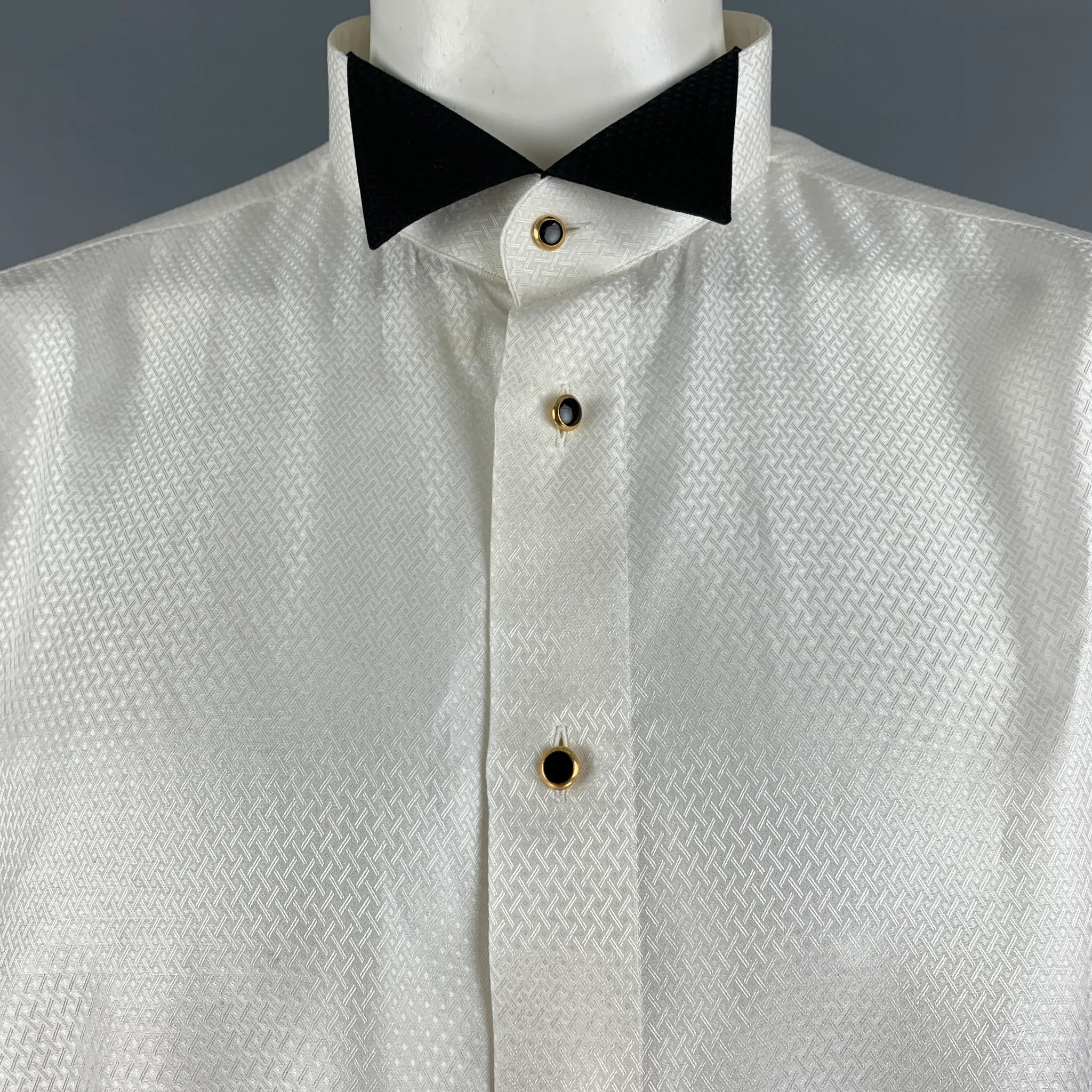 BRIONI Size XL Off White Jacquard Silk Cotton Tuxedo Long Sleeve Shirt - Image 4
