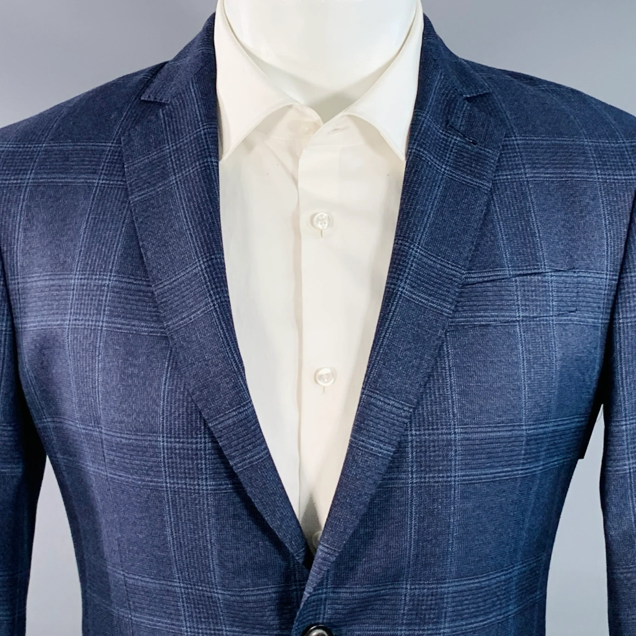 BROOKLYN TAILORS Size 38 Regular Blue Plaid Wool Notch Lapel Sport Coat - Image 2