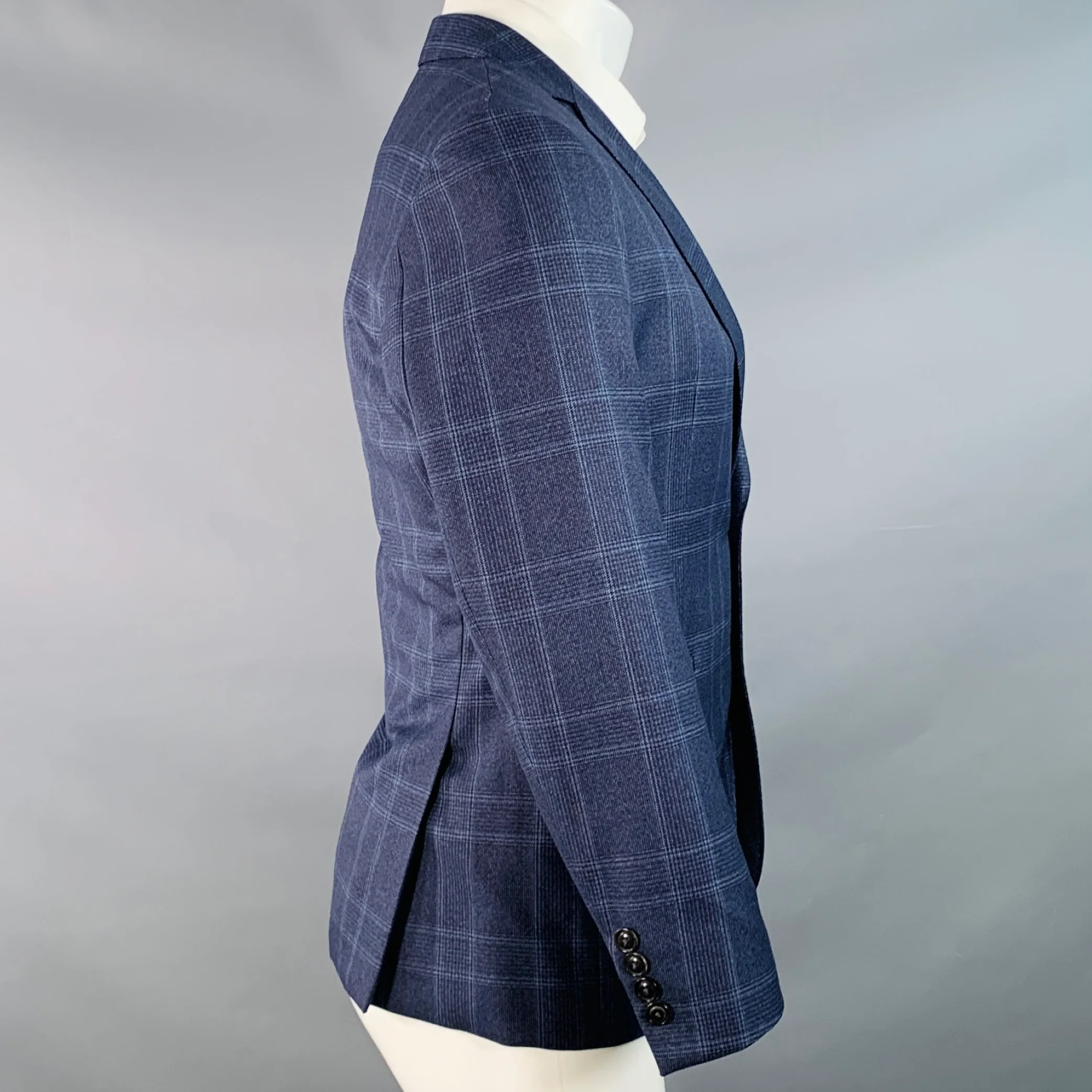 BROOKLYN TAILORS Size 38 Regular Blue Plaid Wool Notch Lapel Sport Coat - Image 3