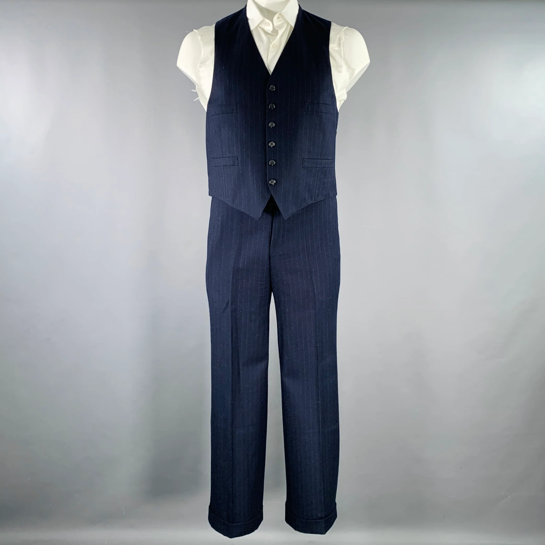 BROOKS BROTHERS Size 42 Navy Grey Pinstripe Wool 3PC Suit - Image 5