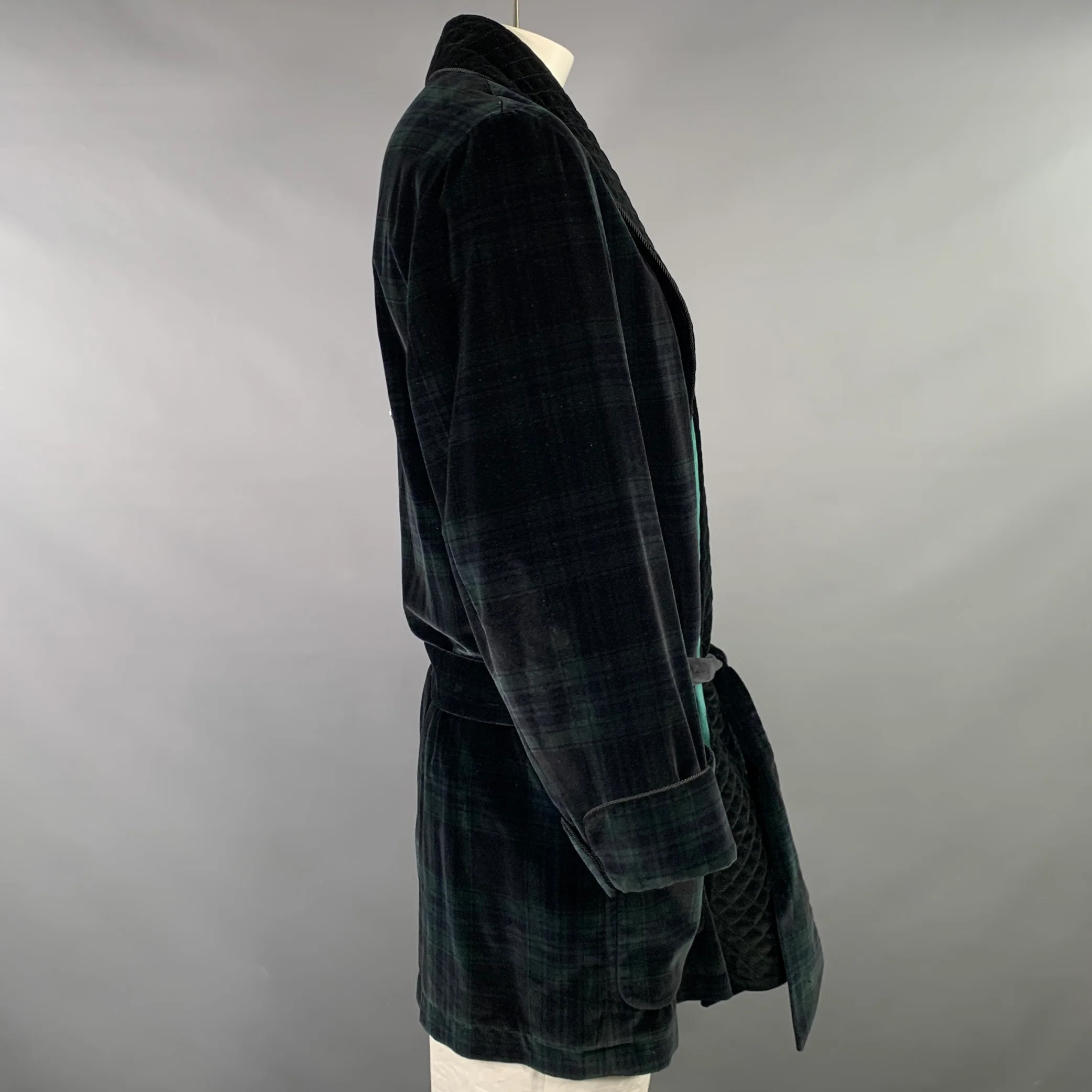 BROOKS BROTHERS Size XL Black Dark Green Blackwatch Plaid Velvet Smoking Jacket - Image 3