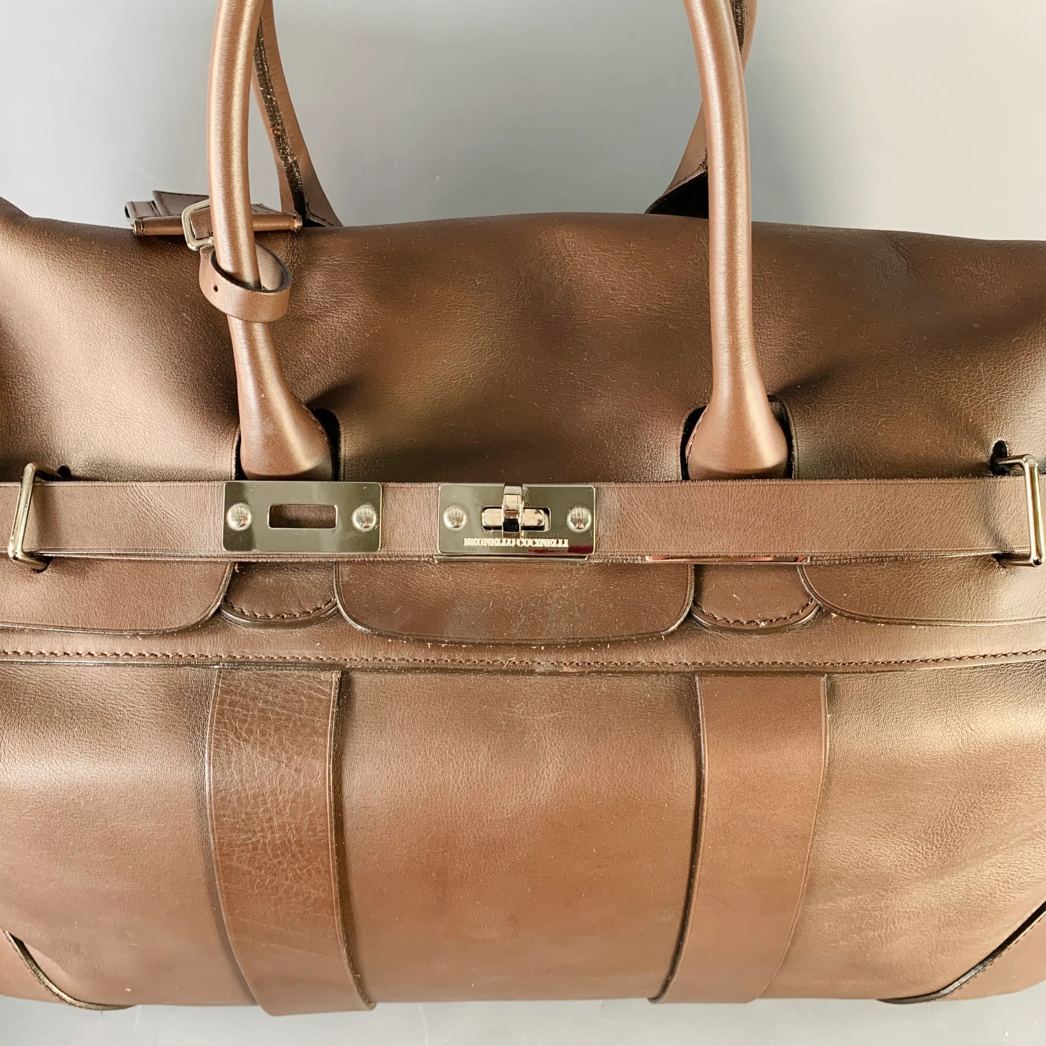 BRUNELLO CUCINELLI Chocolate Brown Leather Clasp Weekender Bag - Image 3