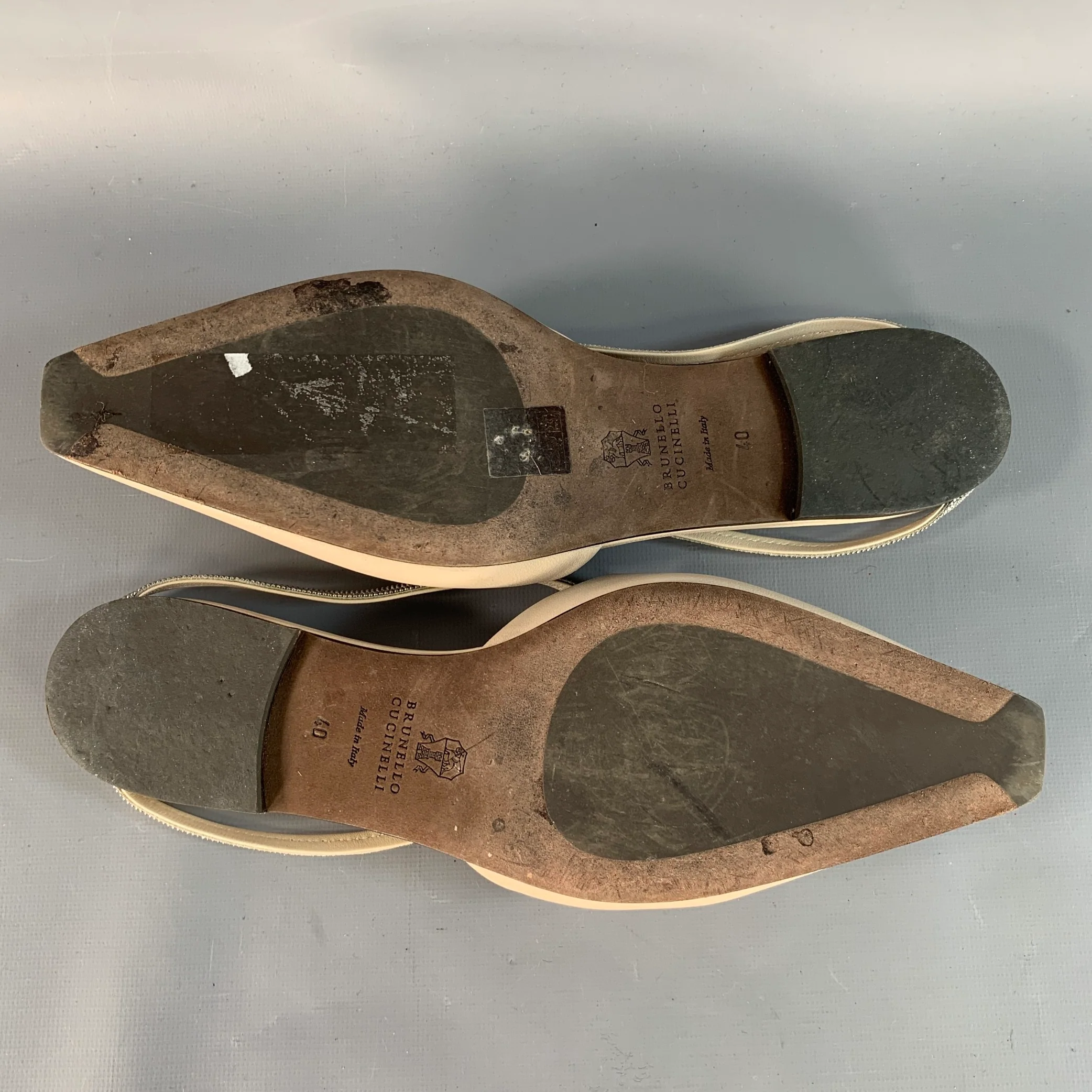 BRUNELLO CUCINELLI Size 10 Beige Silver Leather Monili Slip On Flats - Image 6