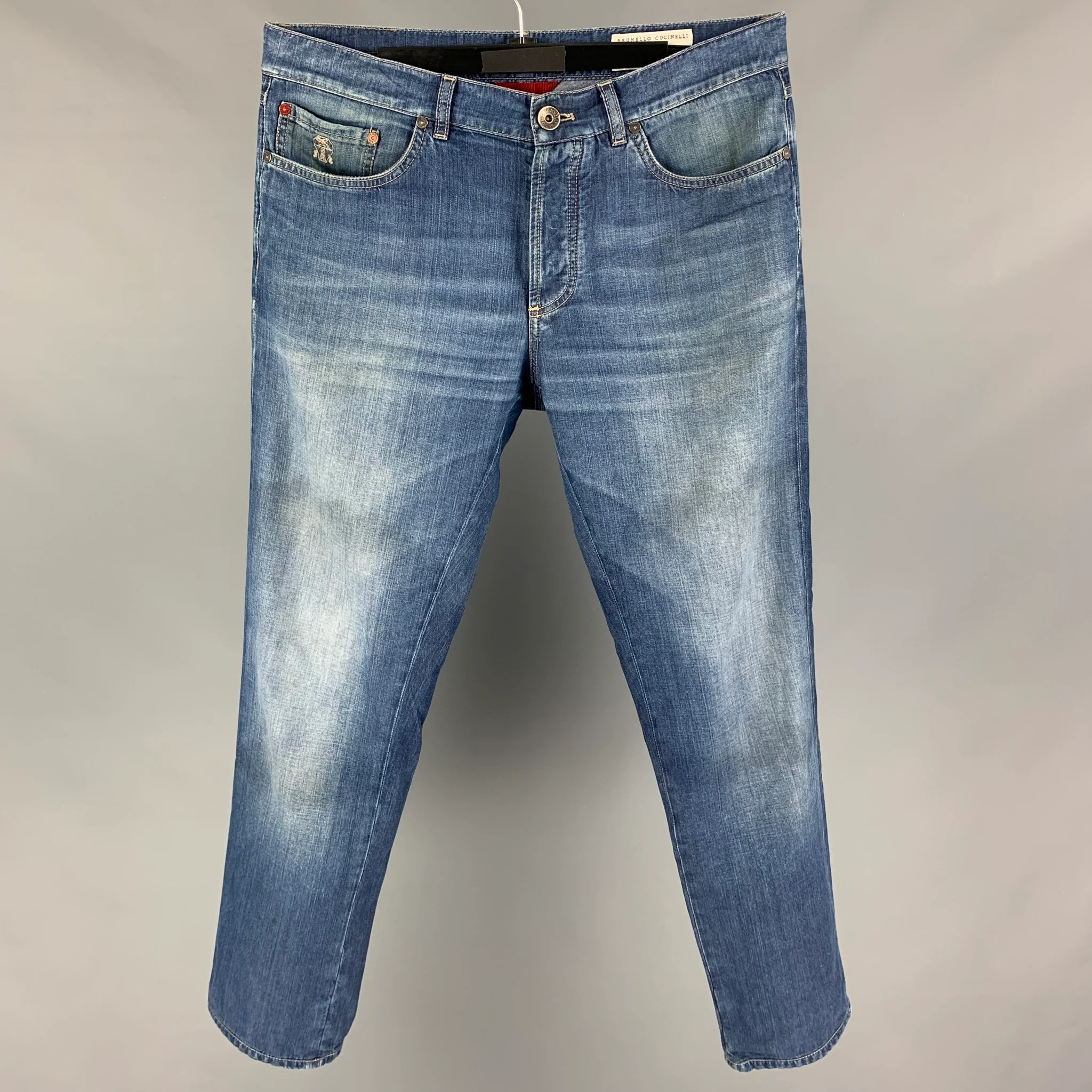 BRUNELLO CUCINELLI Size 34 Blue Washed Cotton Straight Regular Button Fly Jeans