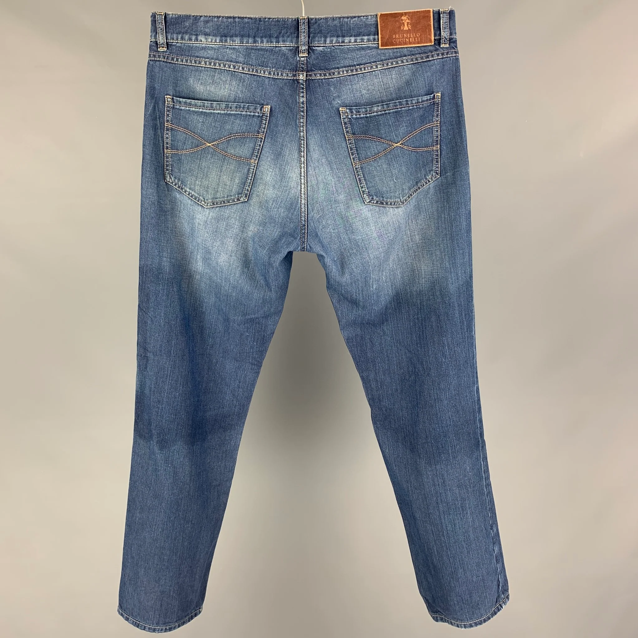 BRUNELLO CUCINELLI Size 34 Blue Washed Cotton Straight Regular Button Fly Jeans - Image 3