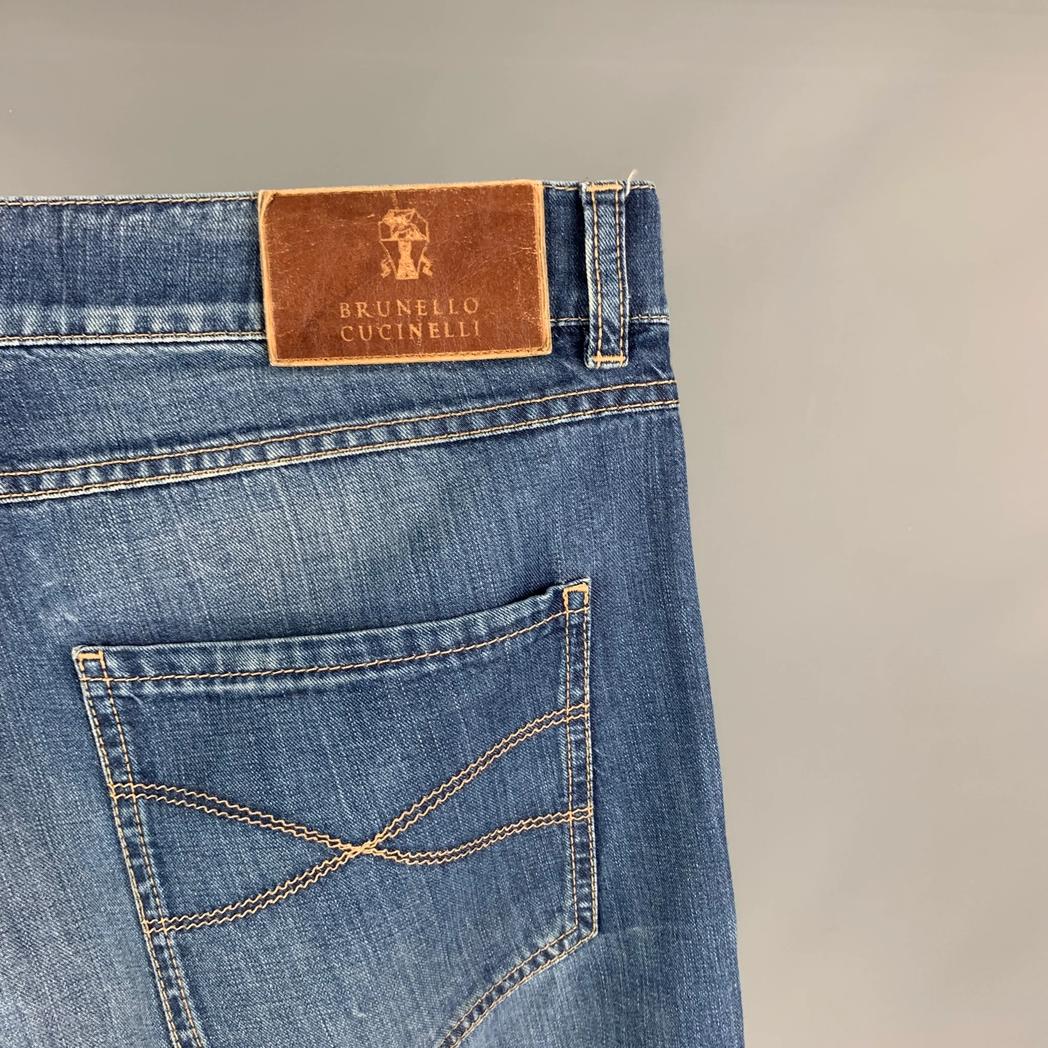 BRUNELLO CUCINELLI Size 34 Blue Washed Cotton Straight Regular Button Fly Jeans - Image 4