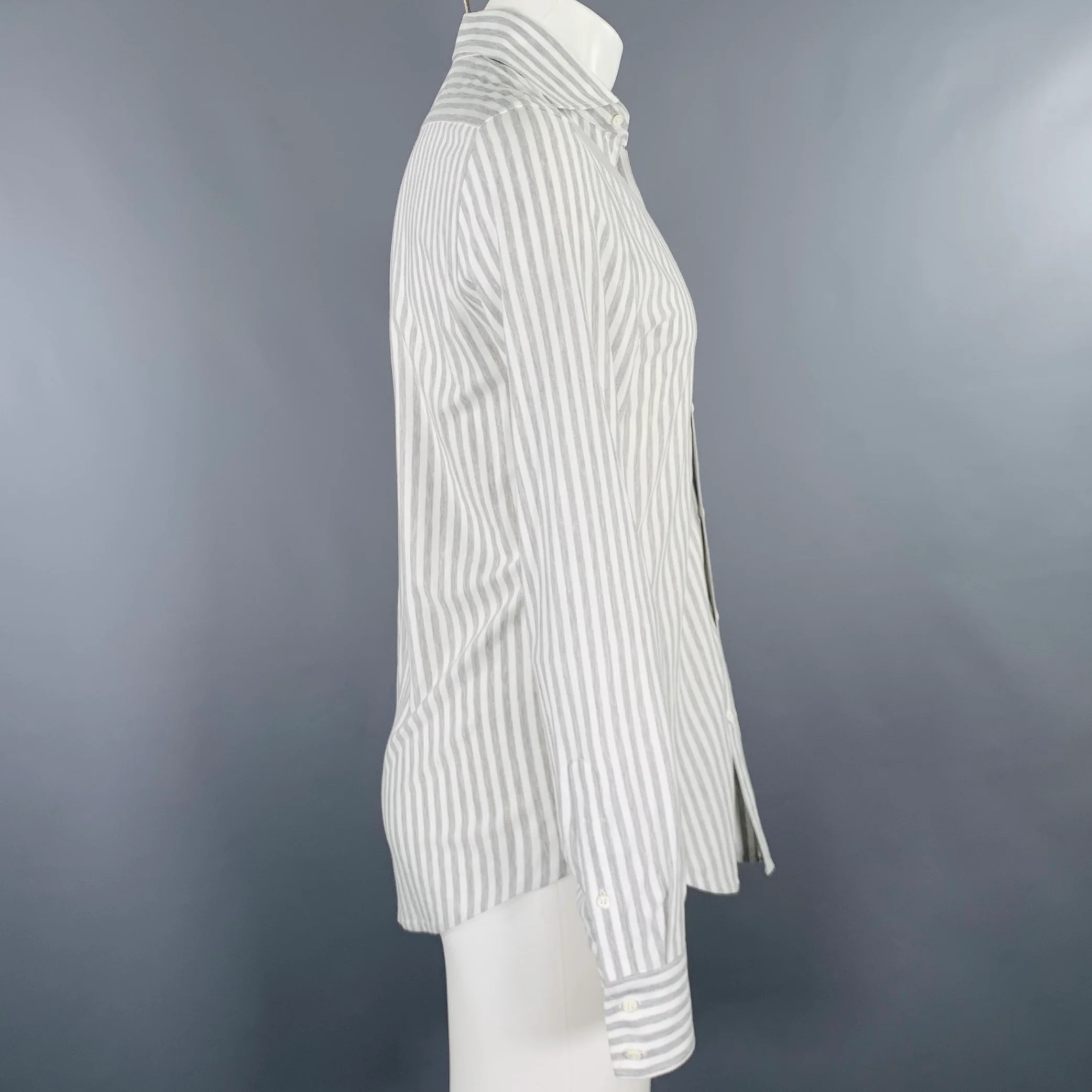 BRUNELLO CUCINELLI Size 36 White Grey Stripe Long Sleeve Shirt - Image 2