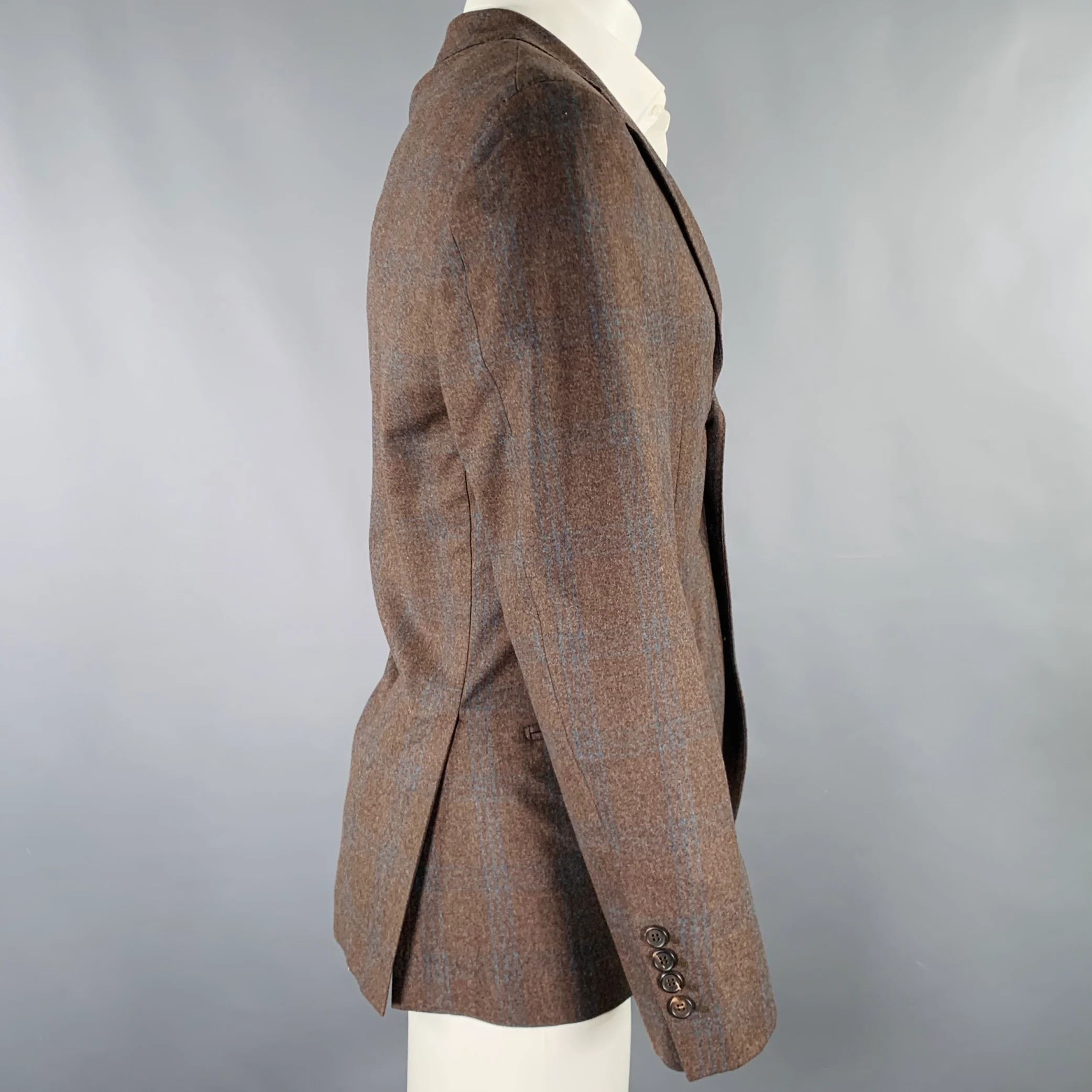 BRUNELLO CUCINELLI Size 38 Brown Blue Plaid Notch Lapel Sport Coat - Image 3