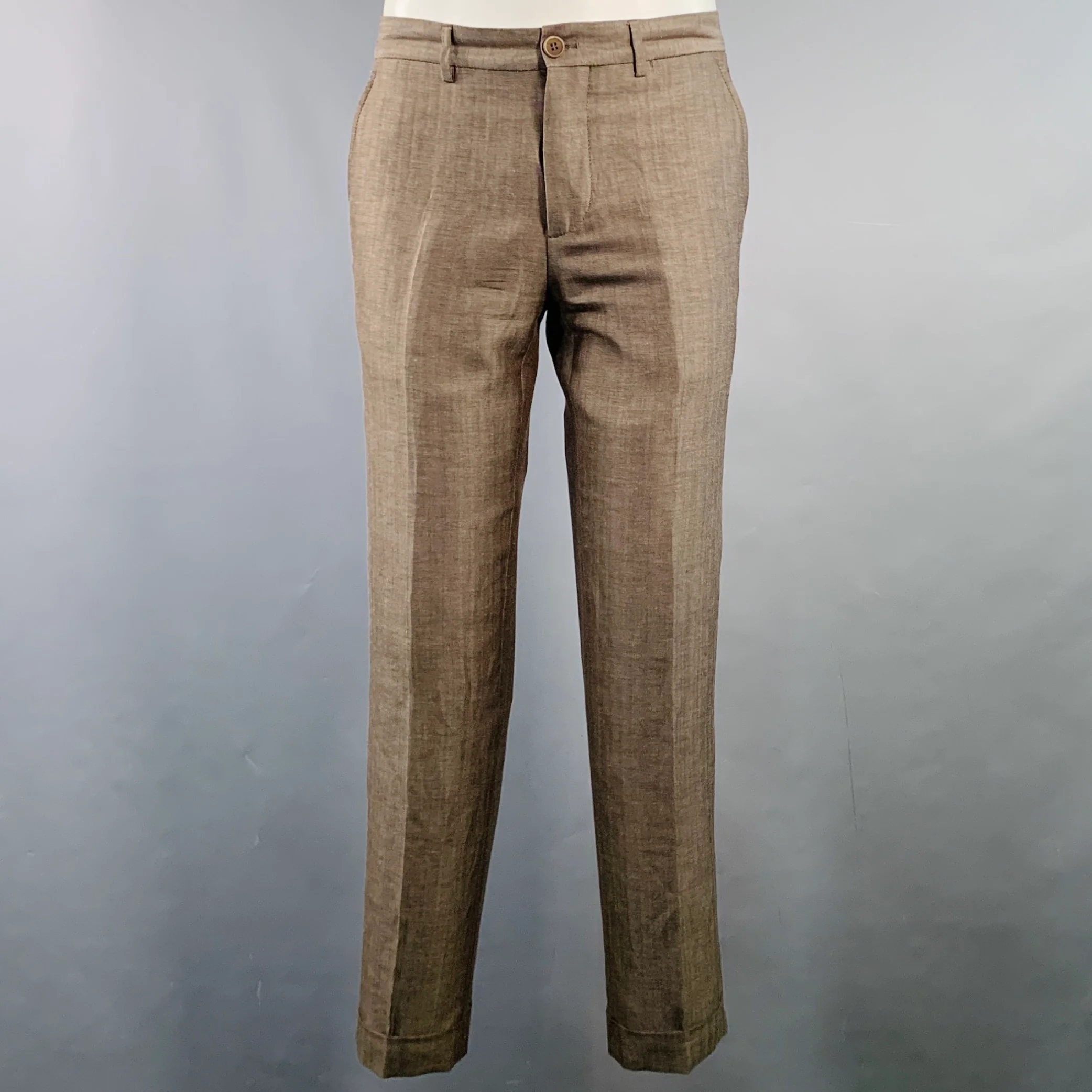 BRUNELLO CUCINELLI Size 38 Brown Herringbone Linen Wool Silk Peak Lapel Suit - Image 6