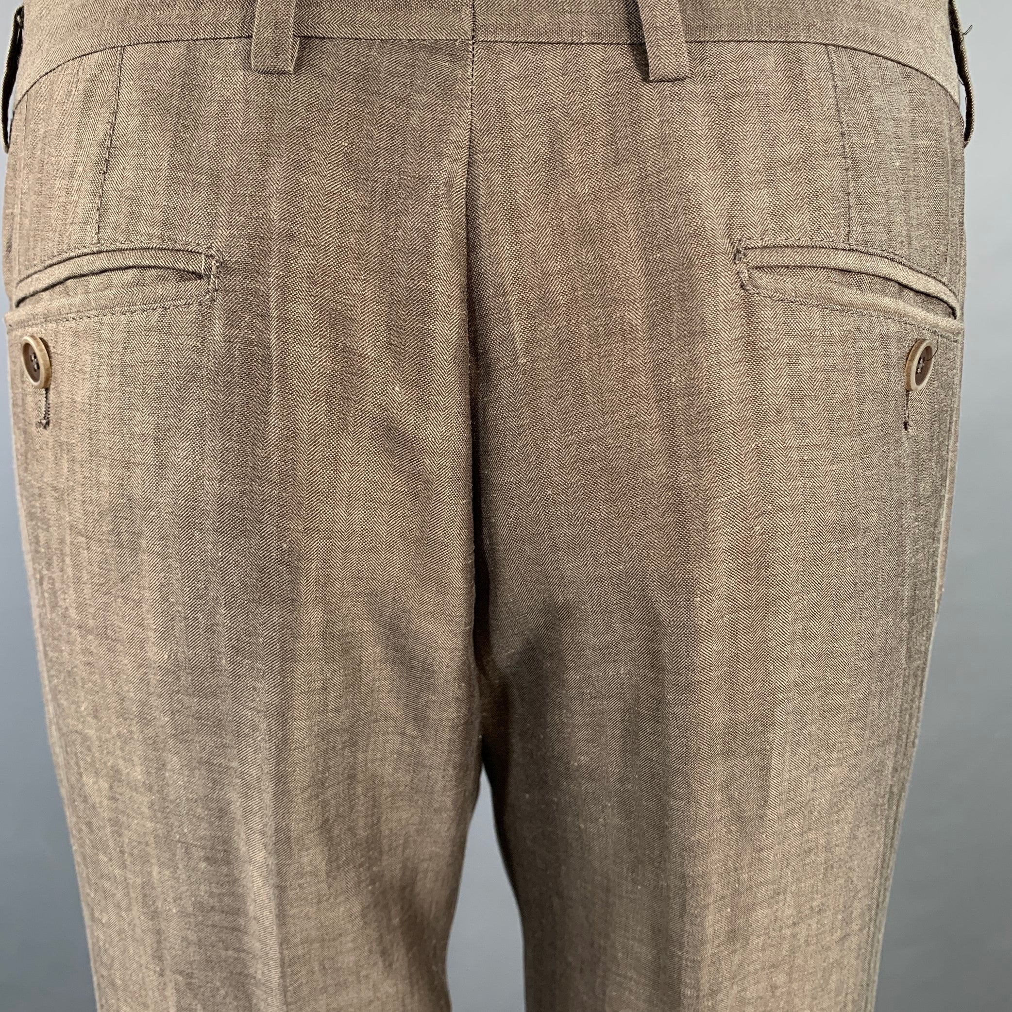BRUNELLO CUCINELLI Size 38 Brown Herringbone Linen Wool Silk Peak Lapel Suit - Image 9