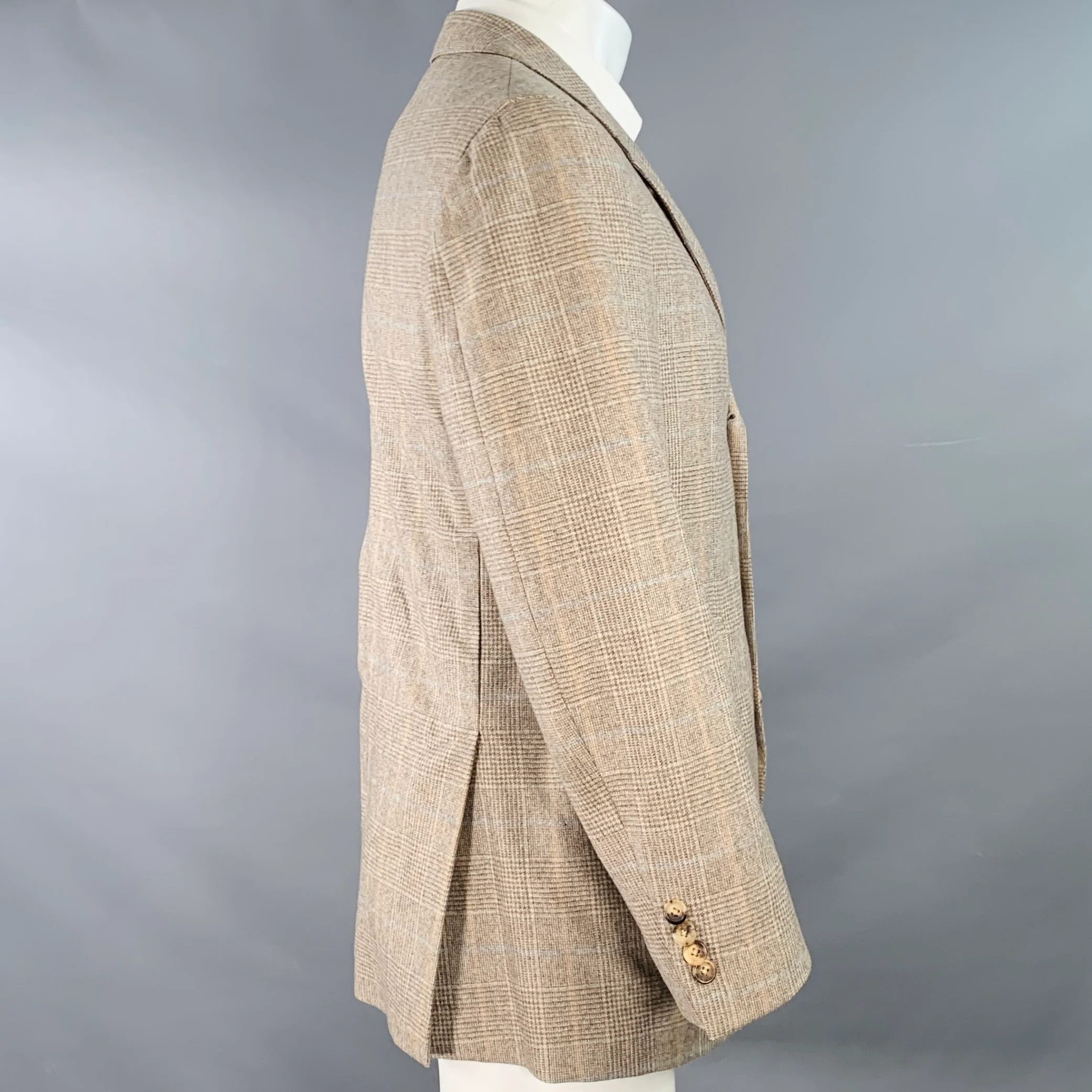 BRUNELLO CUCINELLI Size 38 Grey Taupe Plaid Wool Cashmere Notch Lapel Sport Coat - Image 3