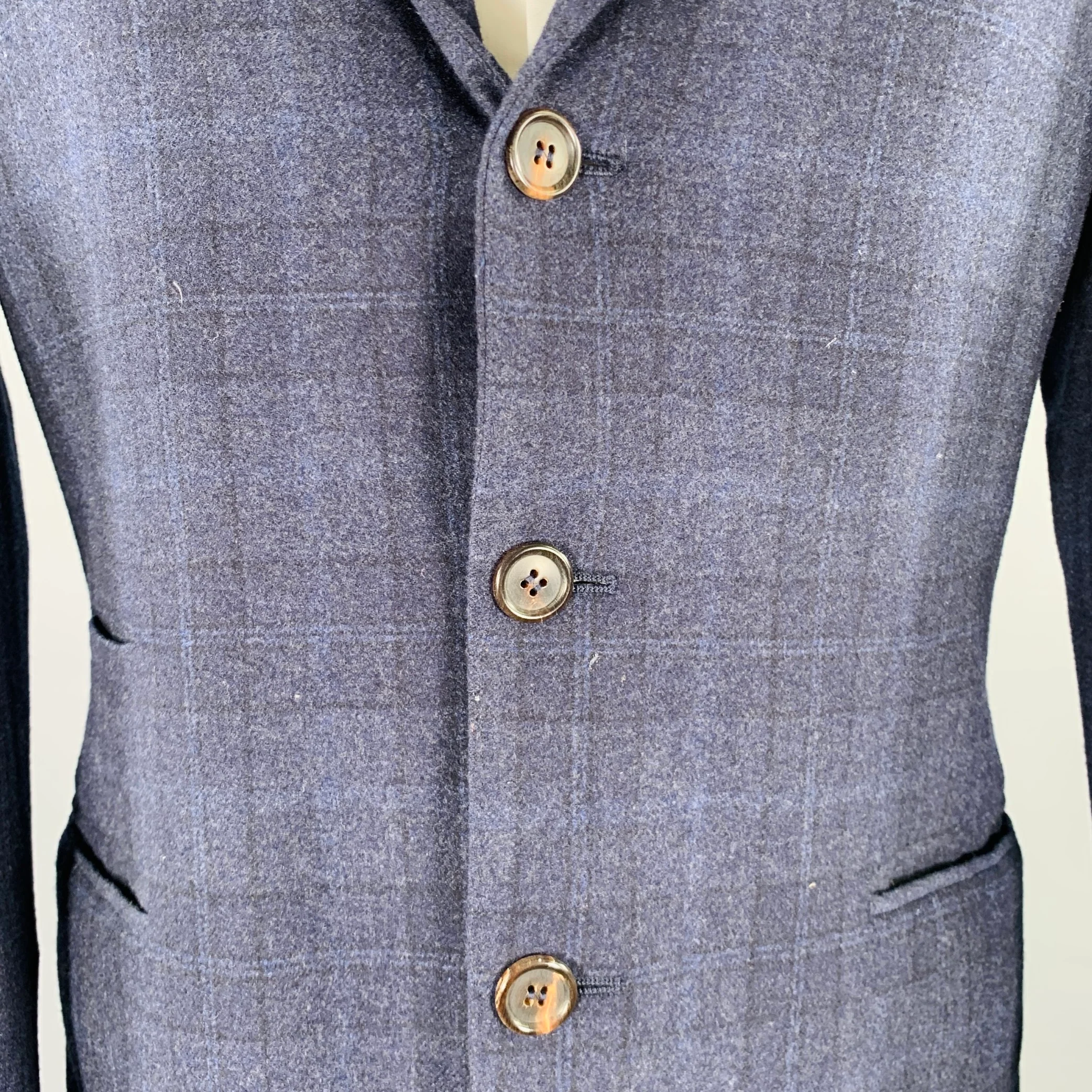BRUNELLO CUCINELLI Size 38 Navy Grey Plaid Notch Lapel Sport Coat - Image 2