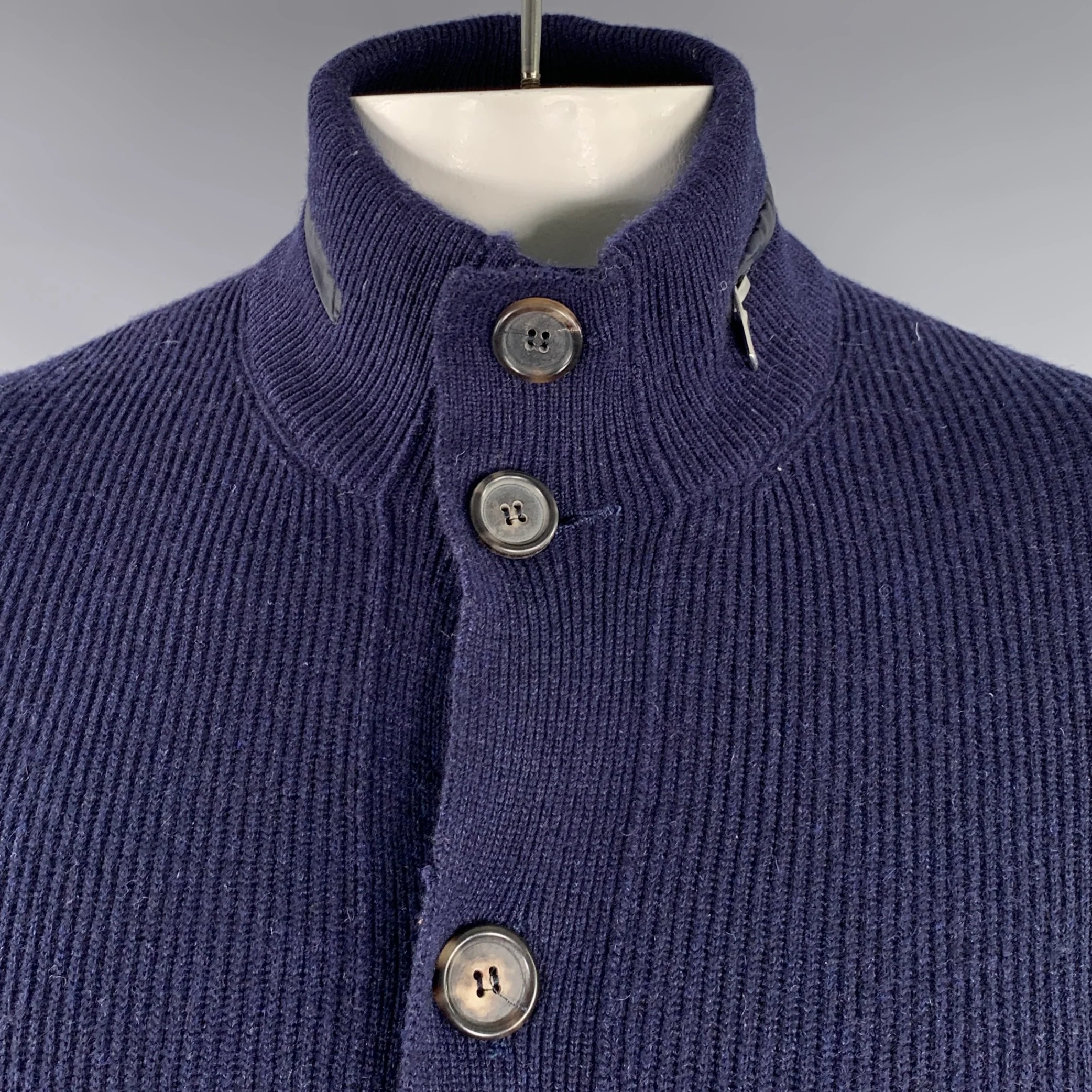 BRUNELLO CUCINELLI Size 44 Navy Ribbed Cashmere Button Up Cardigan - Image 2