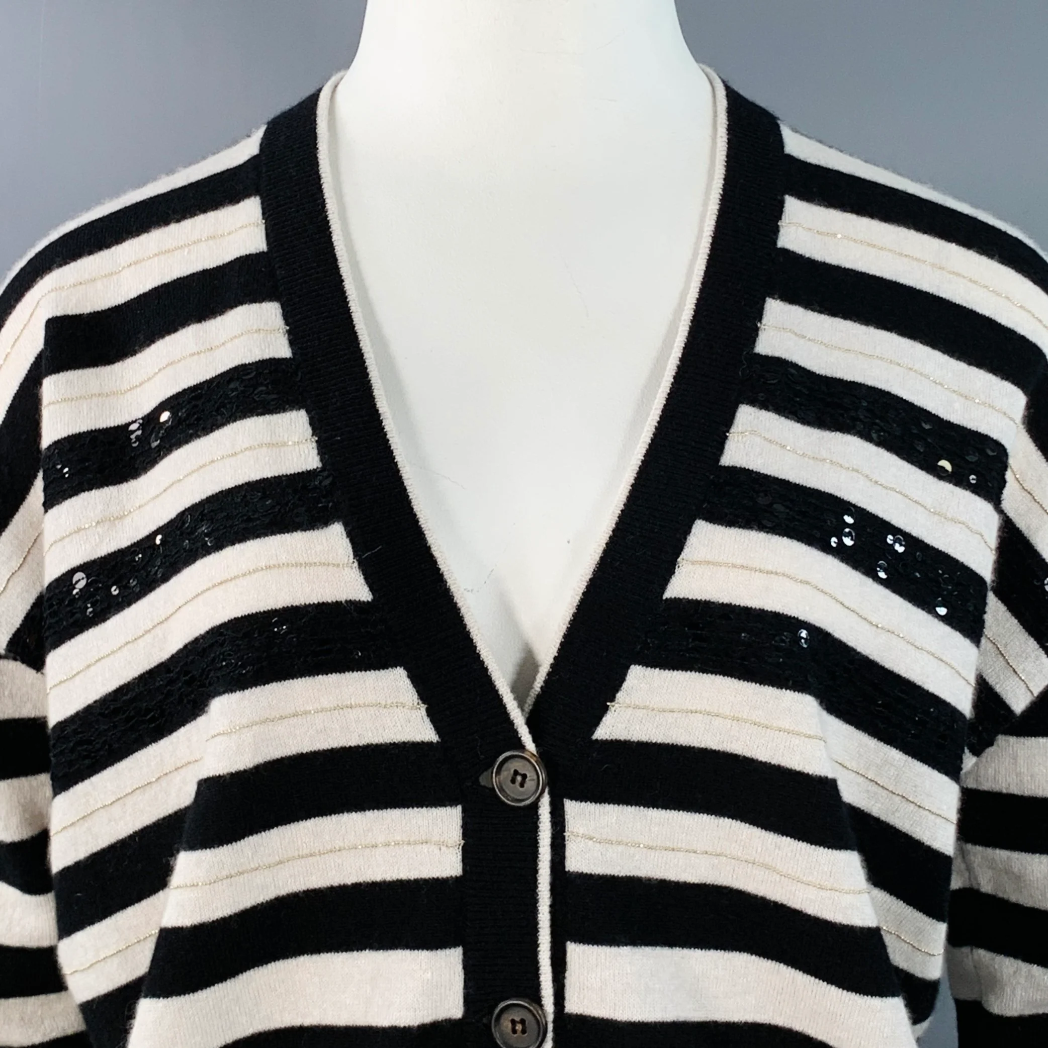 BRUNELLO CUCINELLI Size L Black White Cashmere Stripe Monili Beaded Sequined Cardigan - Image 2