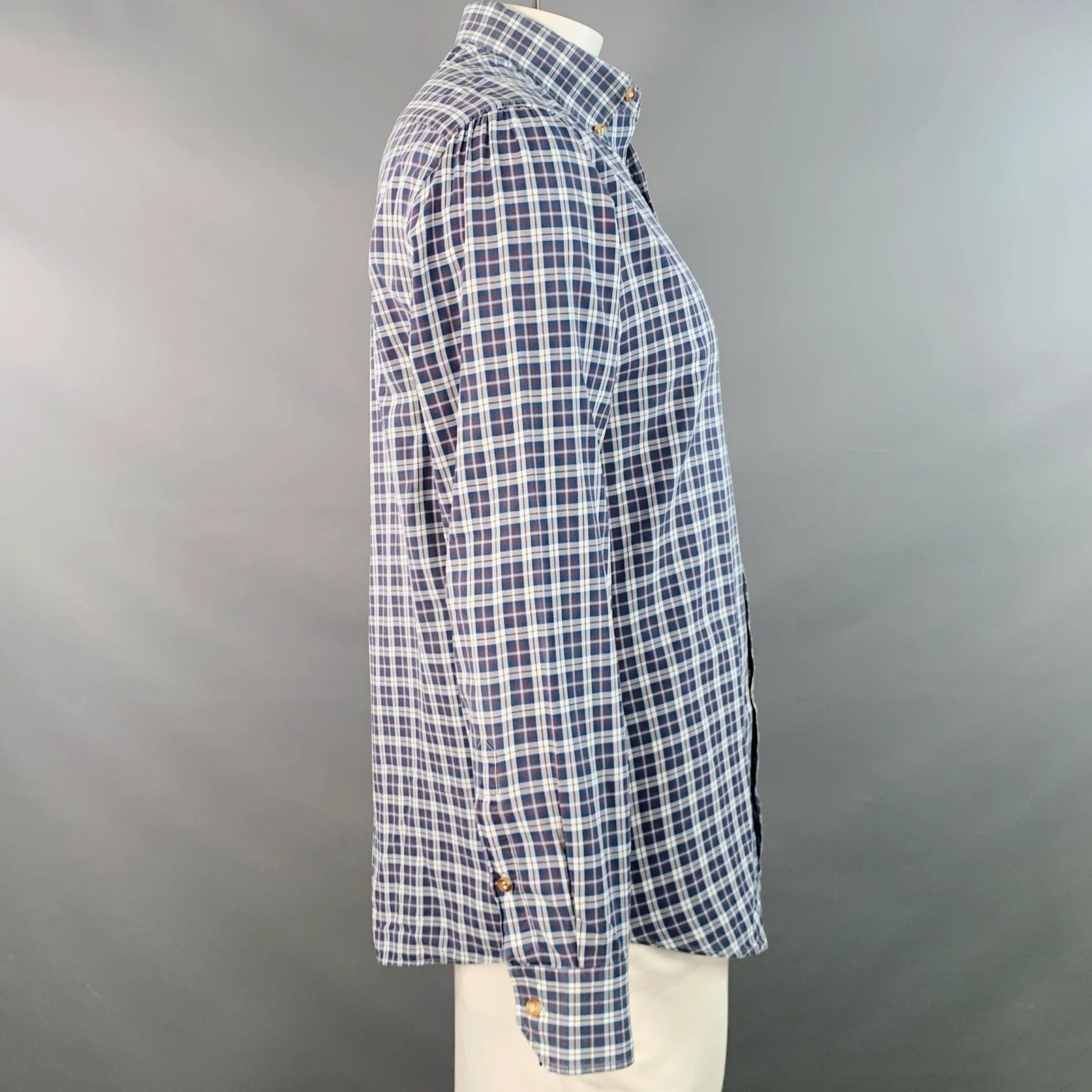 BRUNELLO CUCINELLI Size L Blue White Checkered Cotton Basic Fit Long Sleeve Shirt - Image 3
