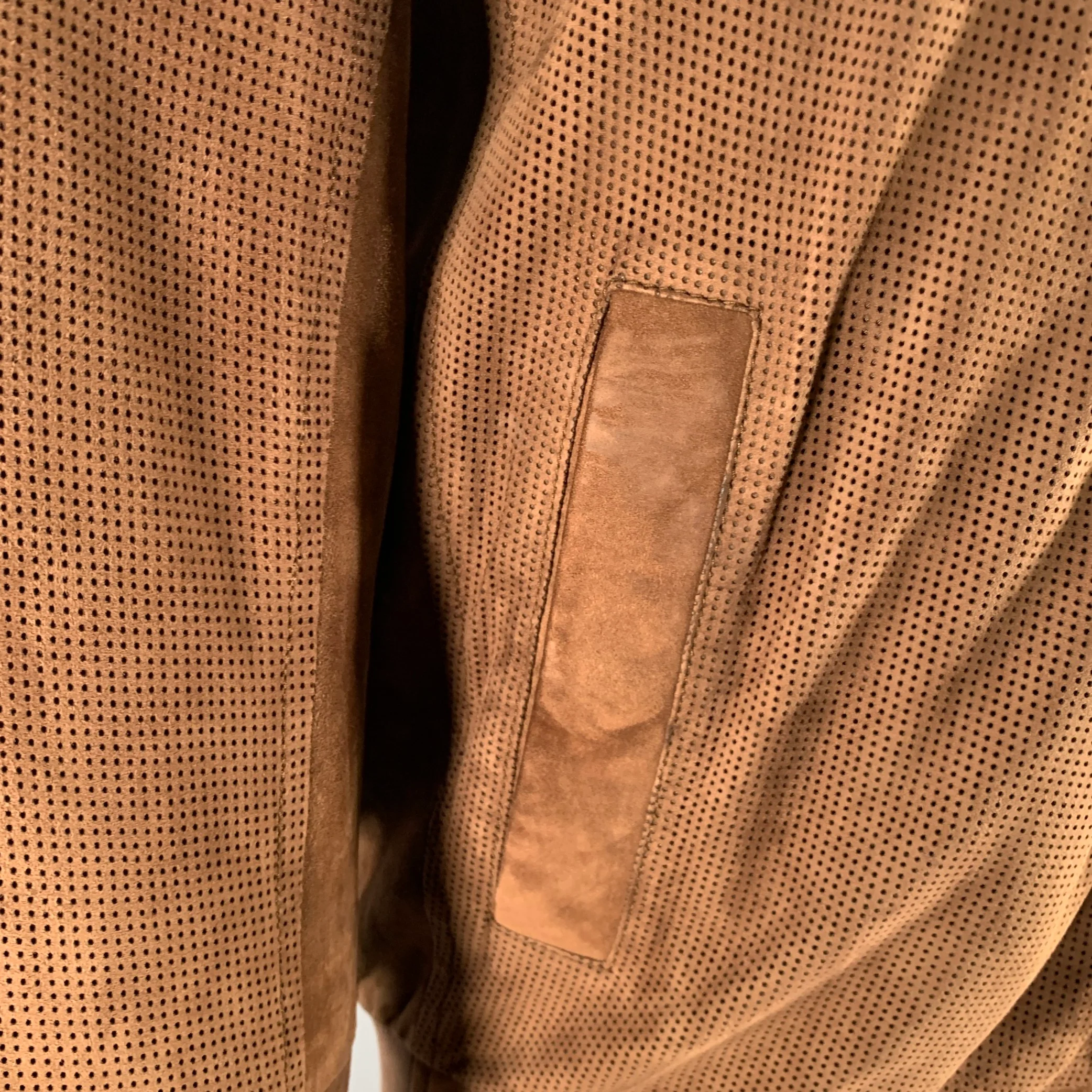 BRUNELLO CUCINELLI Size L Brown Perforated Leather Bomber Jacket - Image 5