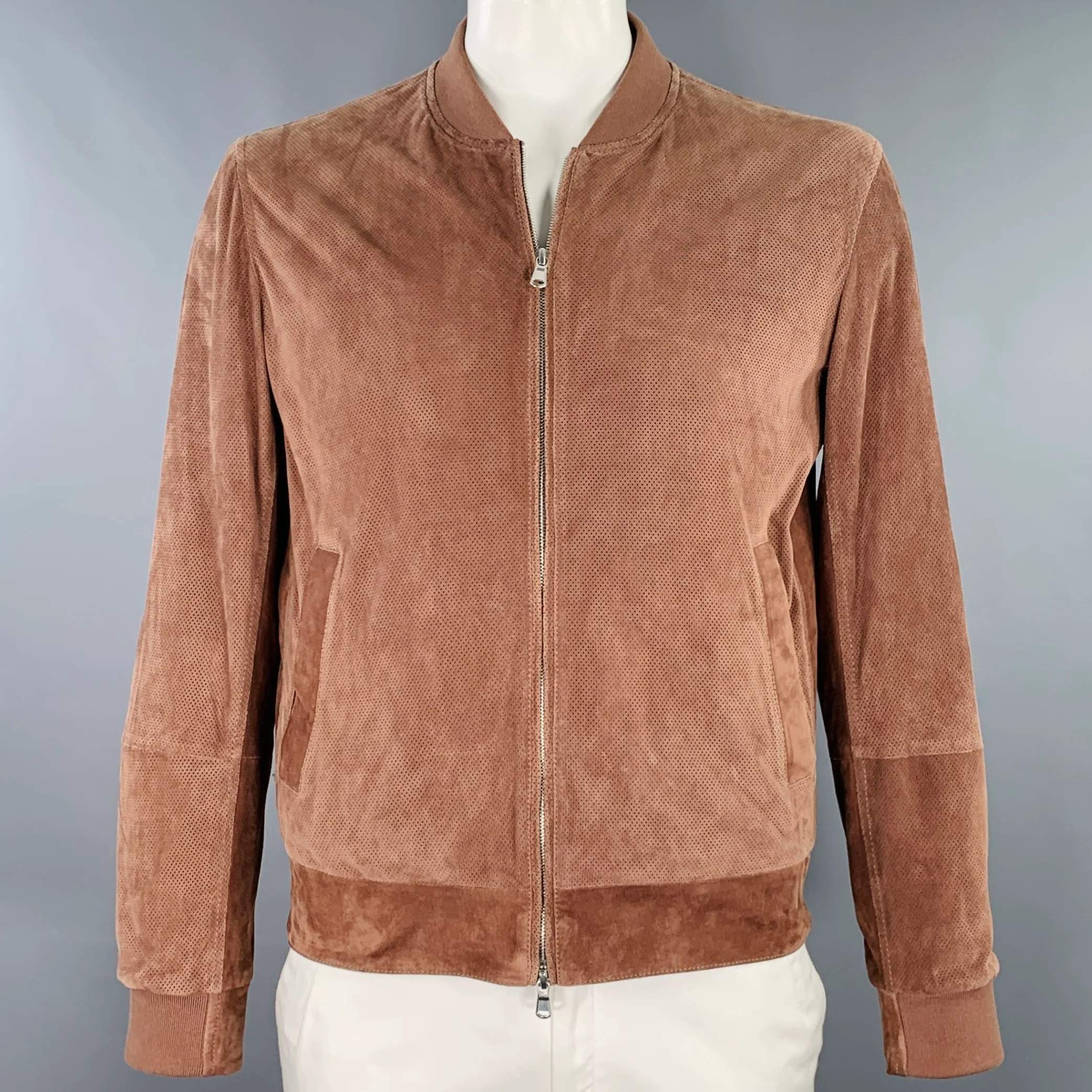 BRUNELLO CUCINELLI Size L Brown Perforated Suede Bomber Jacket