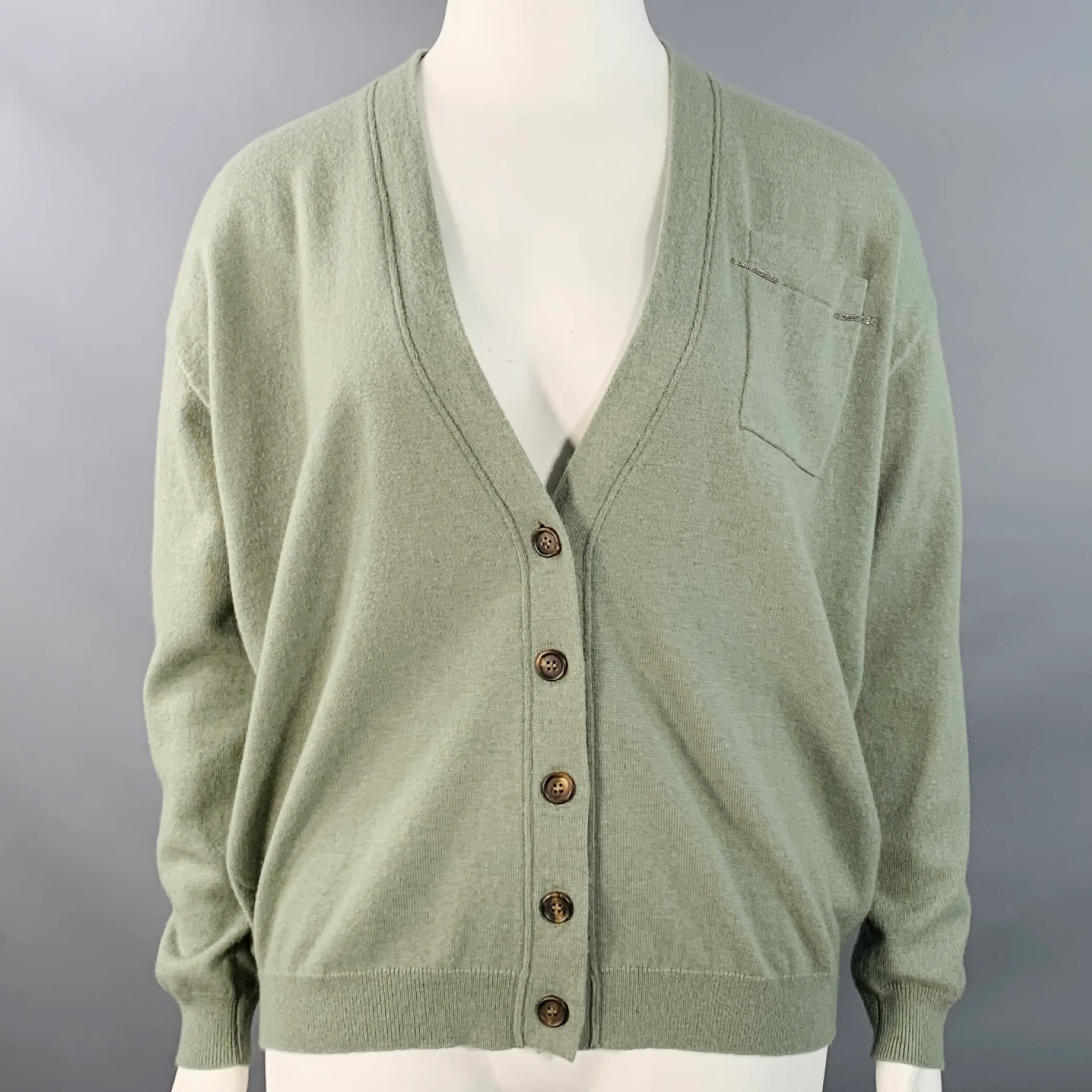 BRUNELLO CUCINELLI Size L Sage Green Cashmere Monili Beaded One Pocket V-Neck Cardigan