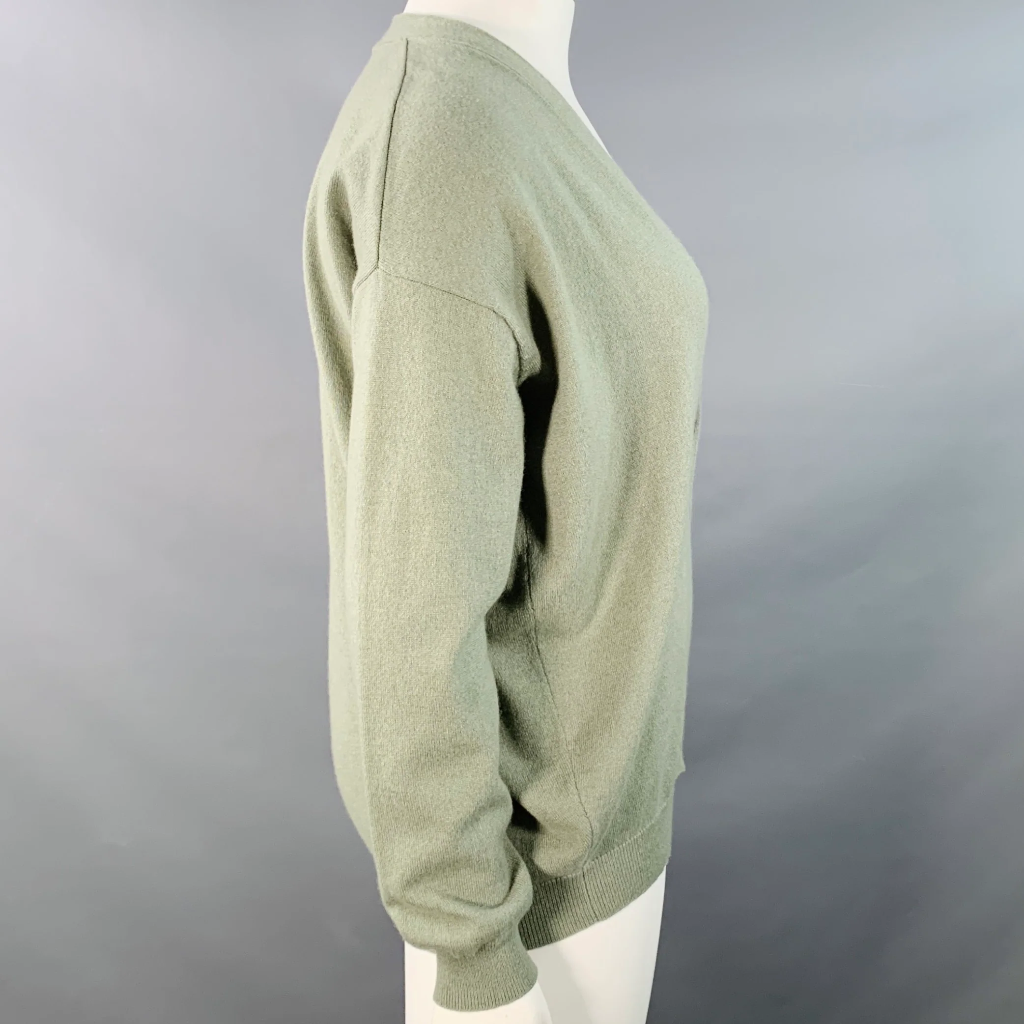 BRUNELLO CUCINELLI Size L Sage Green Cashmere Monili Beaded One Pocket V-Neck Cardigan - Image 3