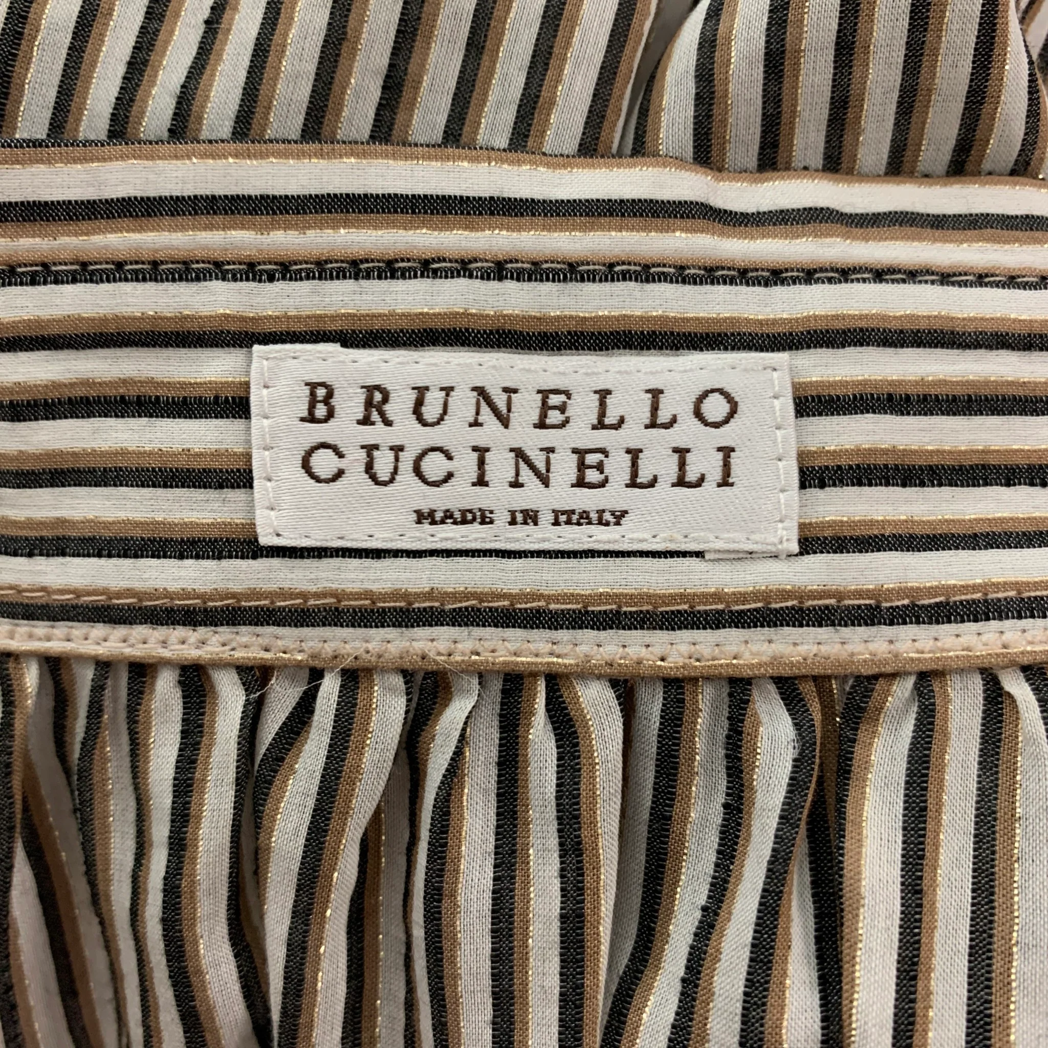 BRUNELLO CUCINELLI Size L White Brown Black Cotton Blend Stripe Casual Top - Image 5