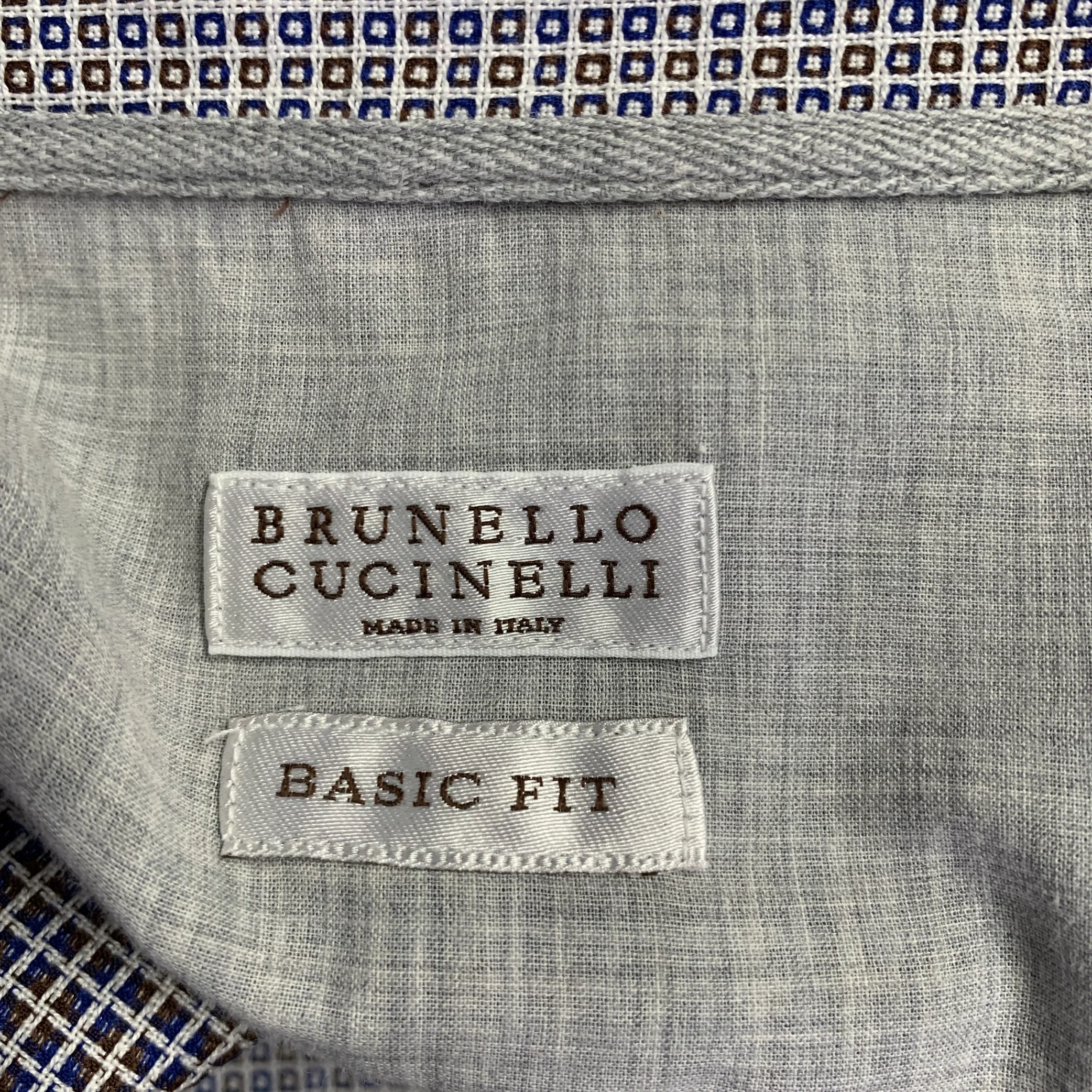 BRUNELLO CUCINELLI Size M Blue Brown Jacquard Cotton Long Sleeve Shirt - Image 6