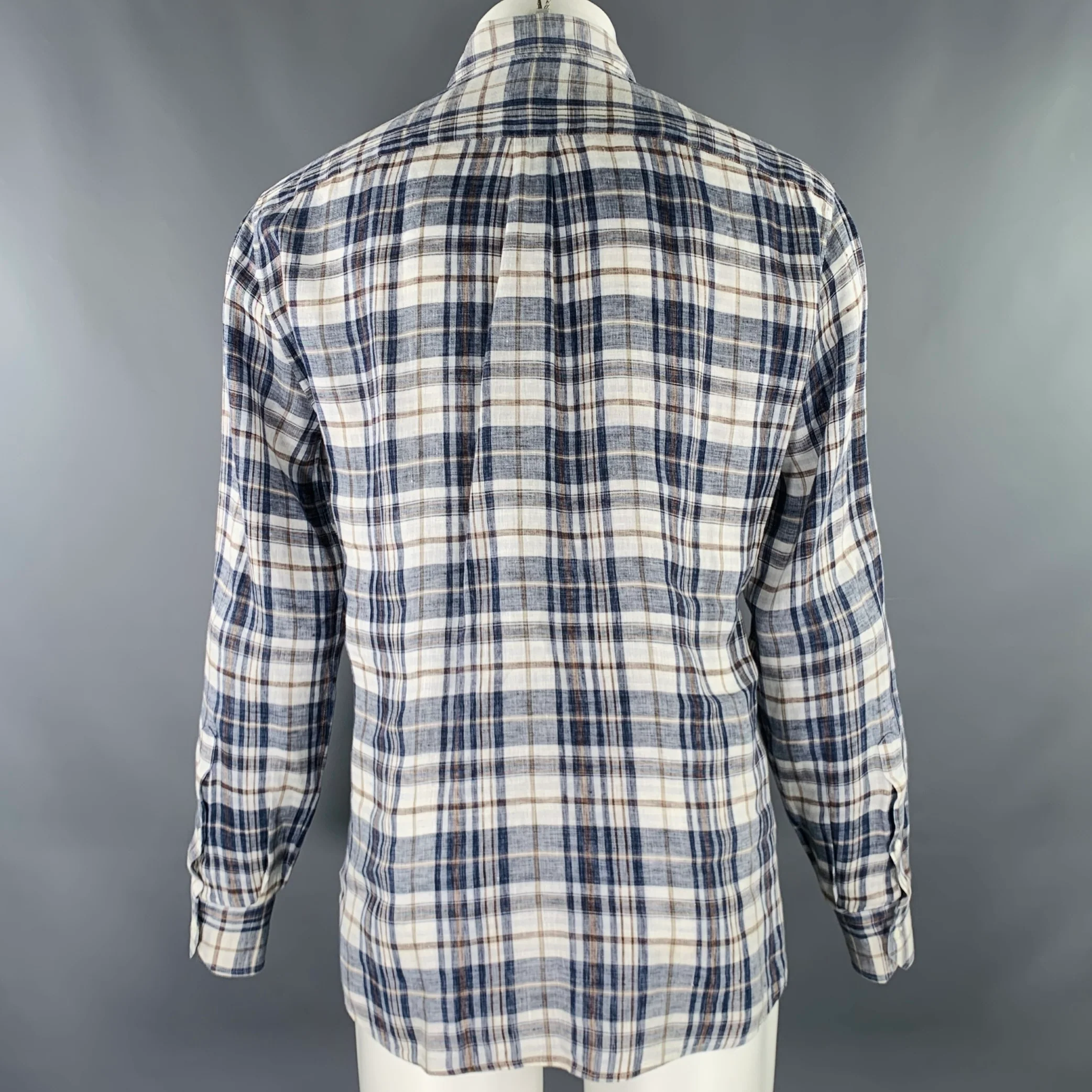 BRUNELLO CUCINELLI Size M Blue Brown Plaid Linen Button Down Long Sleeve Shirt - Image 4