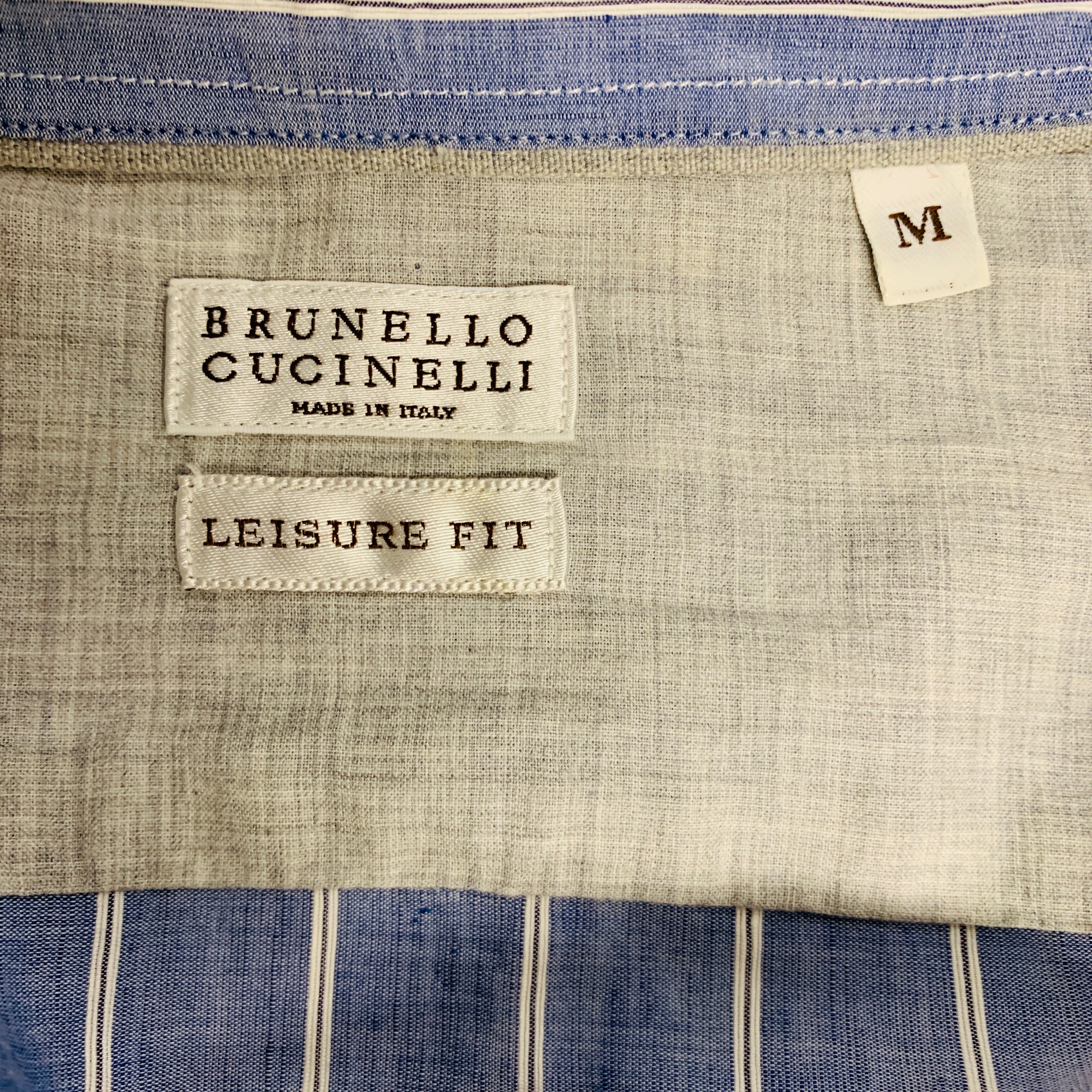 BRUNELLO CUCINELLI Size S Blue White Stripe Long Placket Long Sleeve Shirt - Image 5