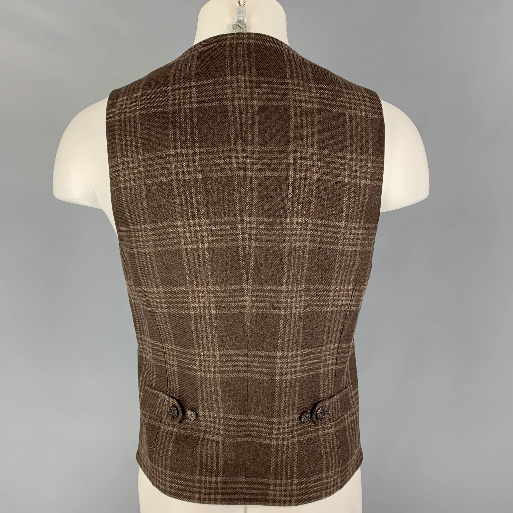 BRUNELLO CUCINELLI Size M Brown Plaid Linen Blend Buttoned Vest - Image 3